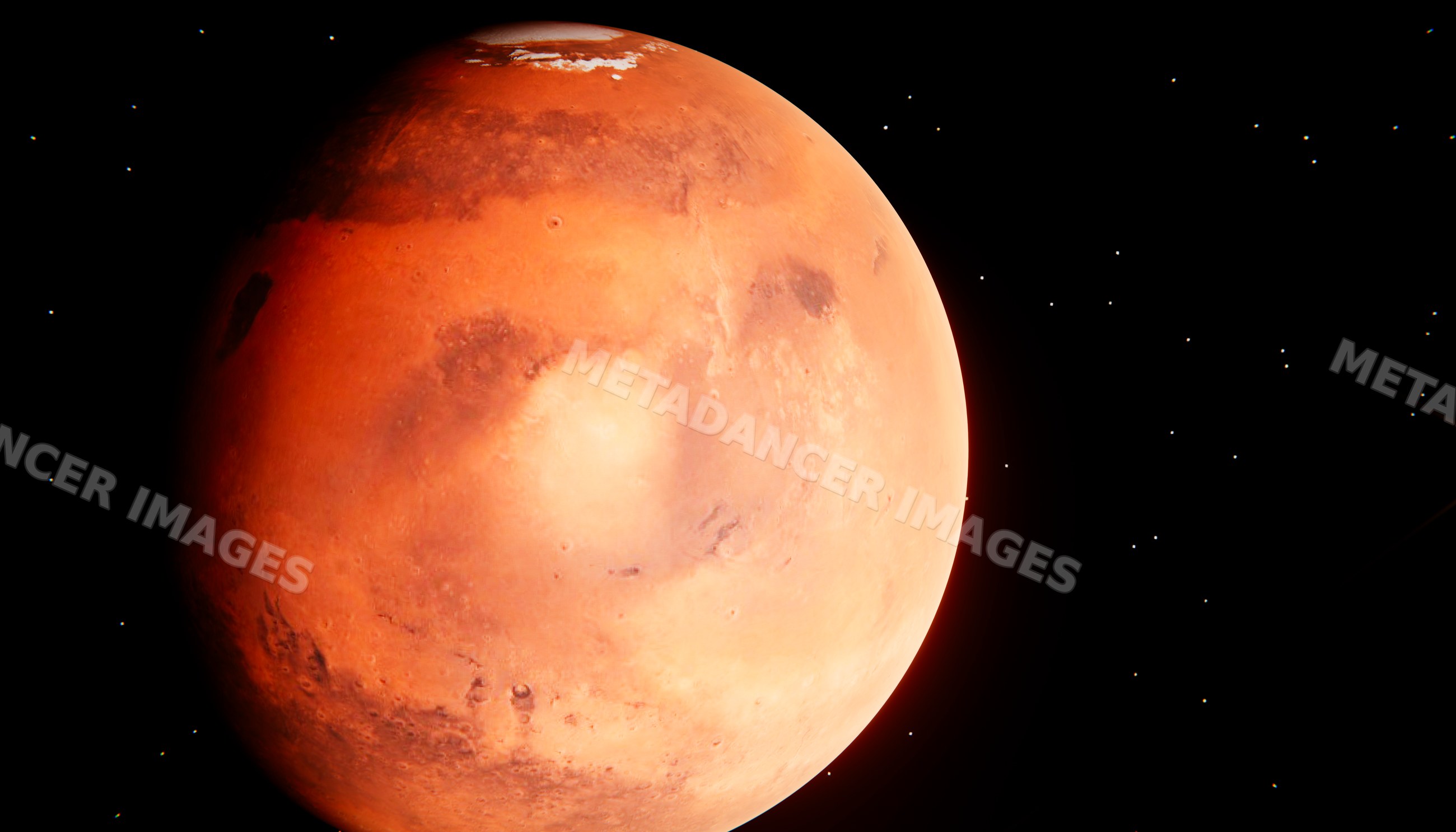Detailed close-up view of a red planet with stars in outer space