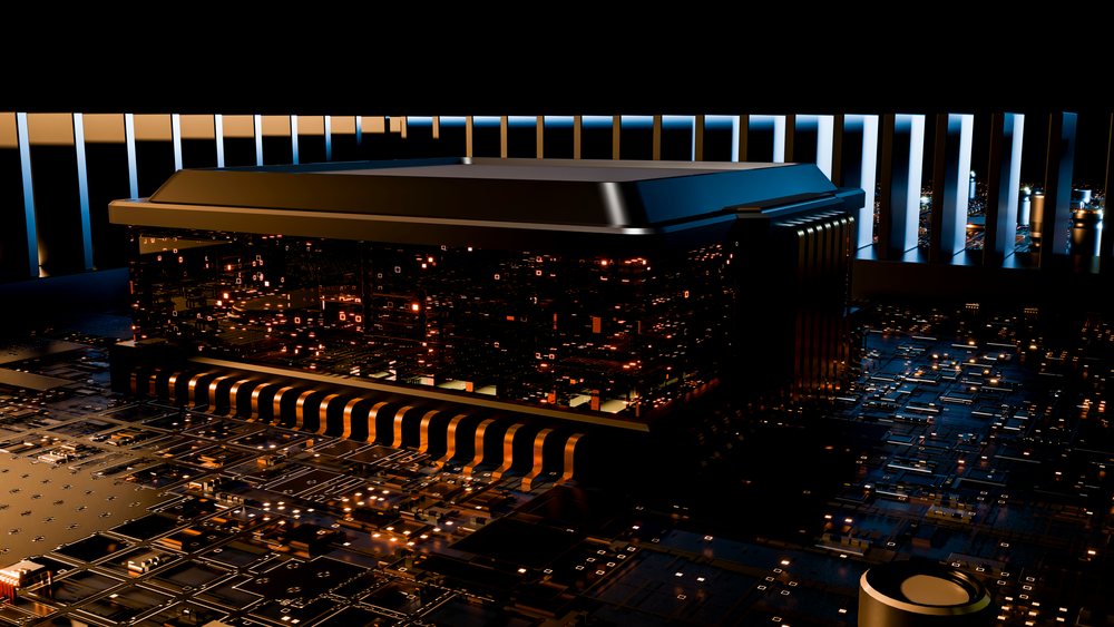 Microchip integrated circuit glowing on circuit board