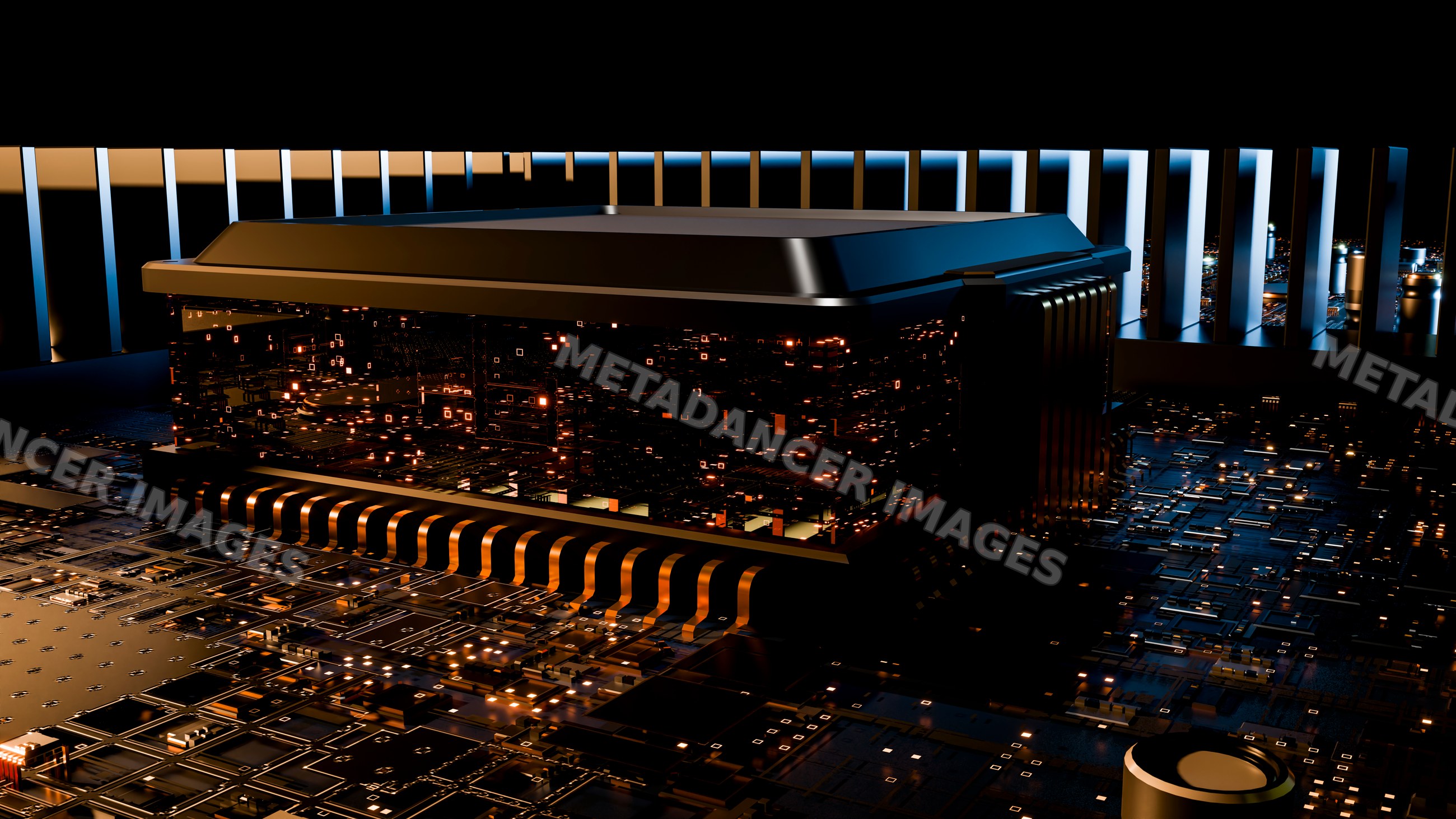 Microchip integrated circuit glowing on circuit board