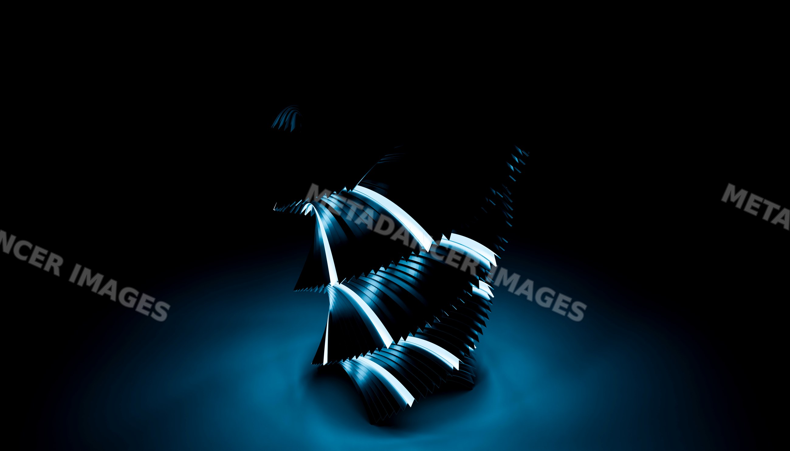 Abstract metallic sculpture with blue illumination on dark background