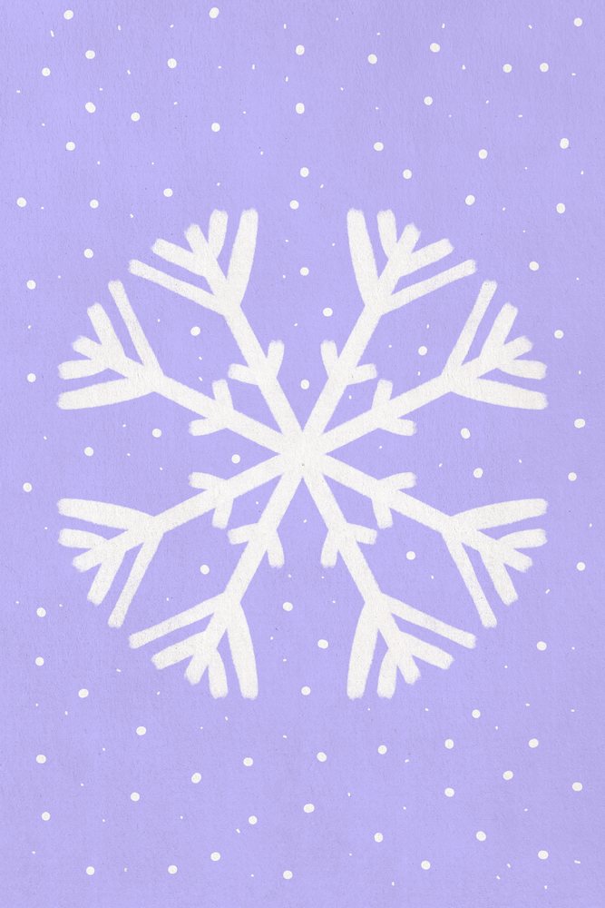 White snowflake illustration with falling snow on purple background