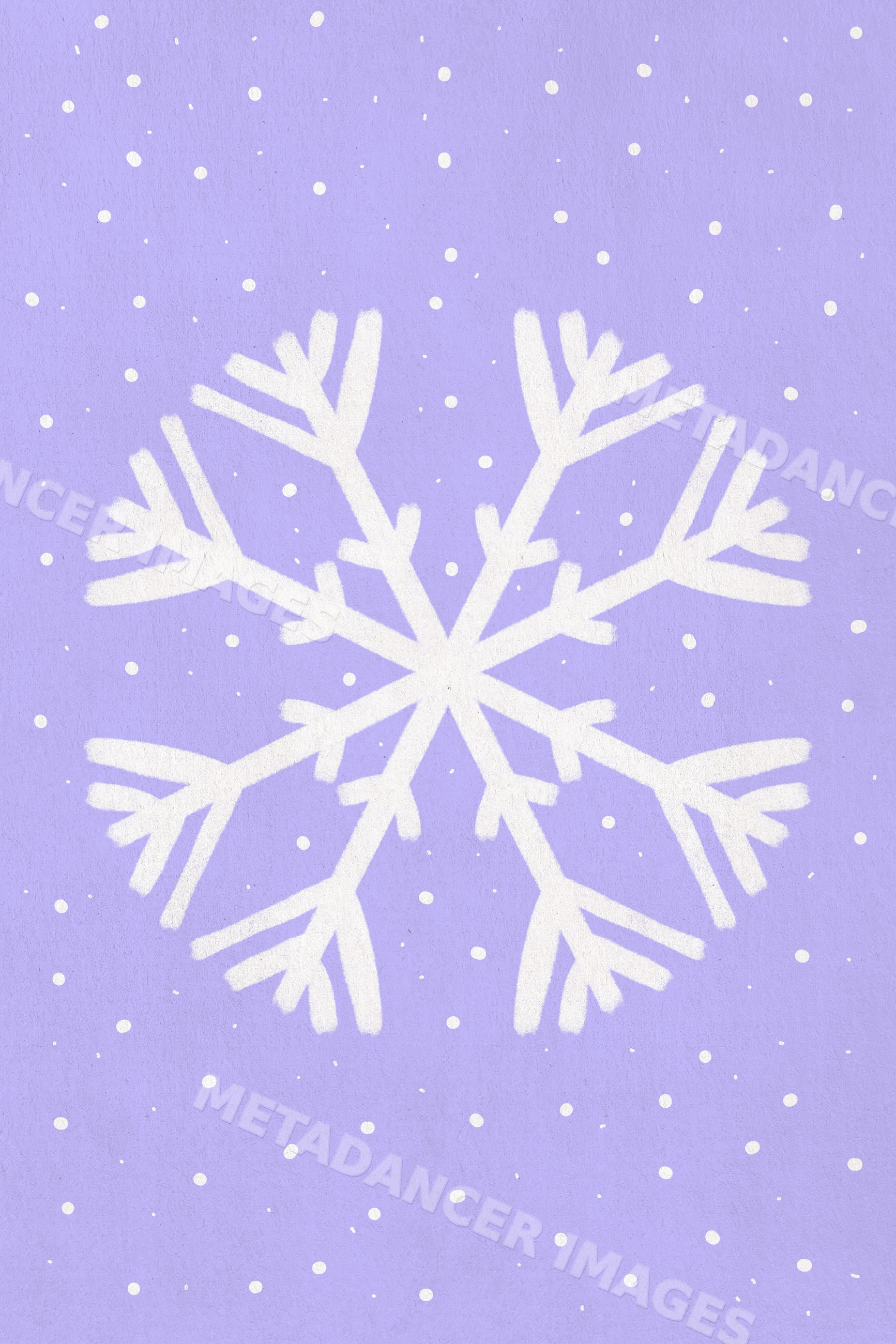 White snowflake illustration with falling snow on purple background