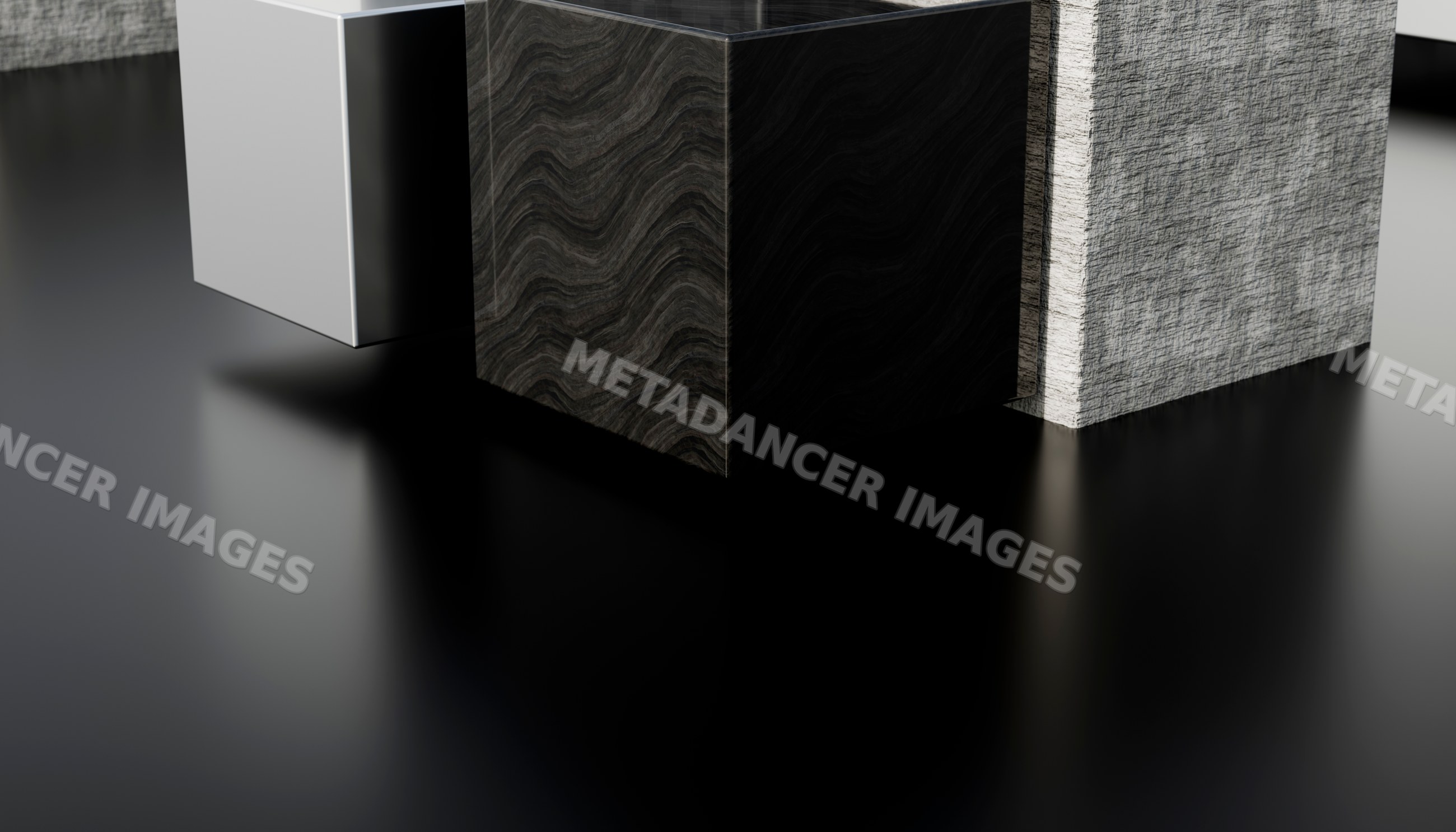 3d rendering of abstract geometric cubes with varied textures on black