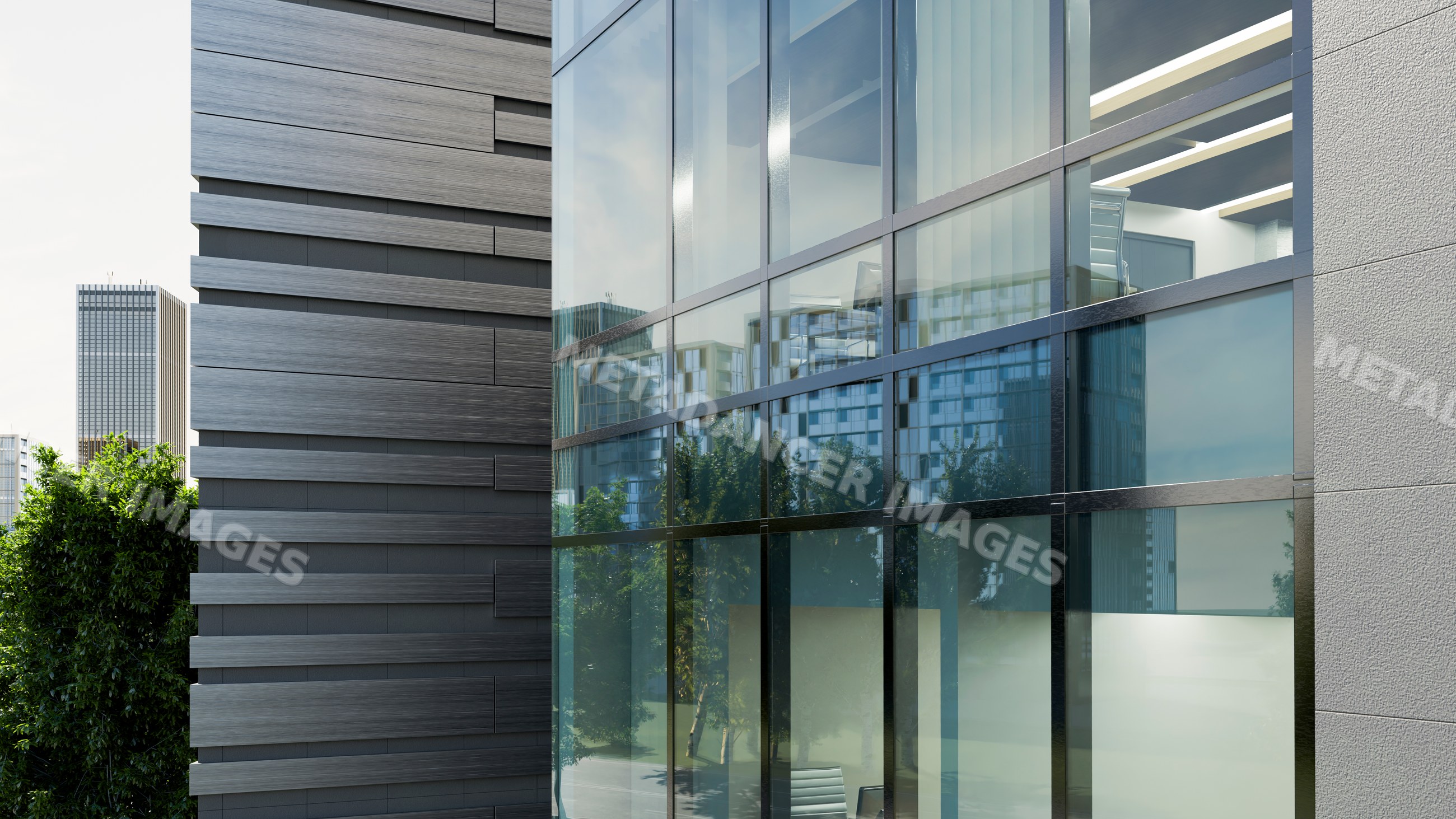Modern office building with glass windows reflecting urban cityscape