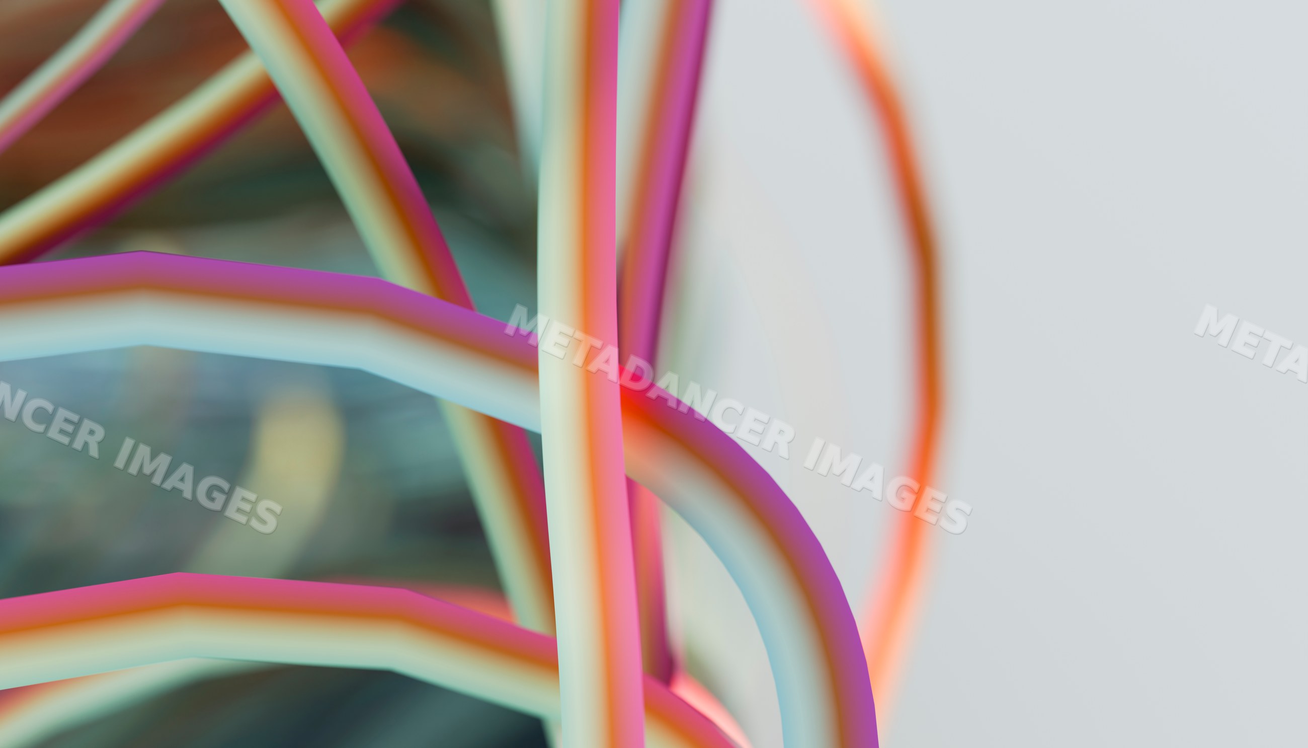 Abstract composition of colorful curved tubular shapes with neon glow