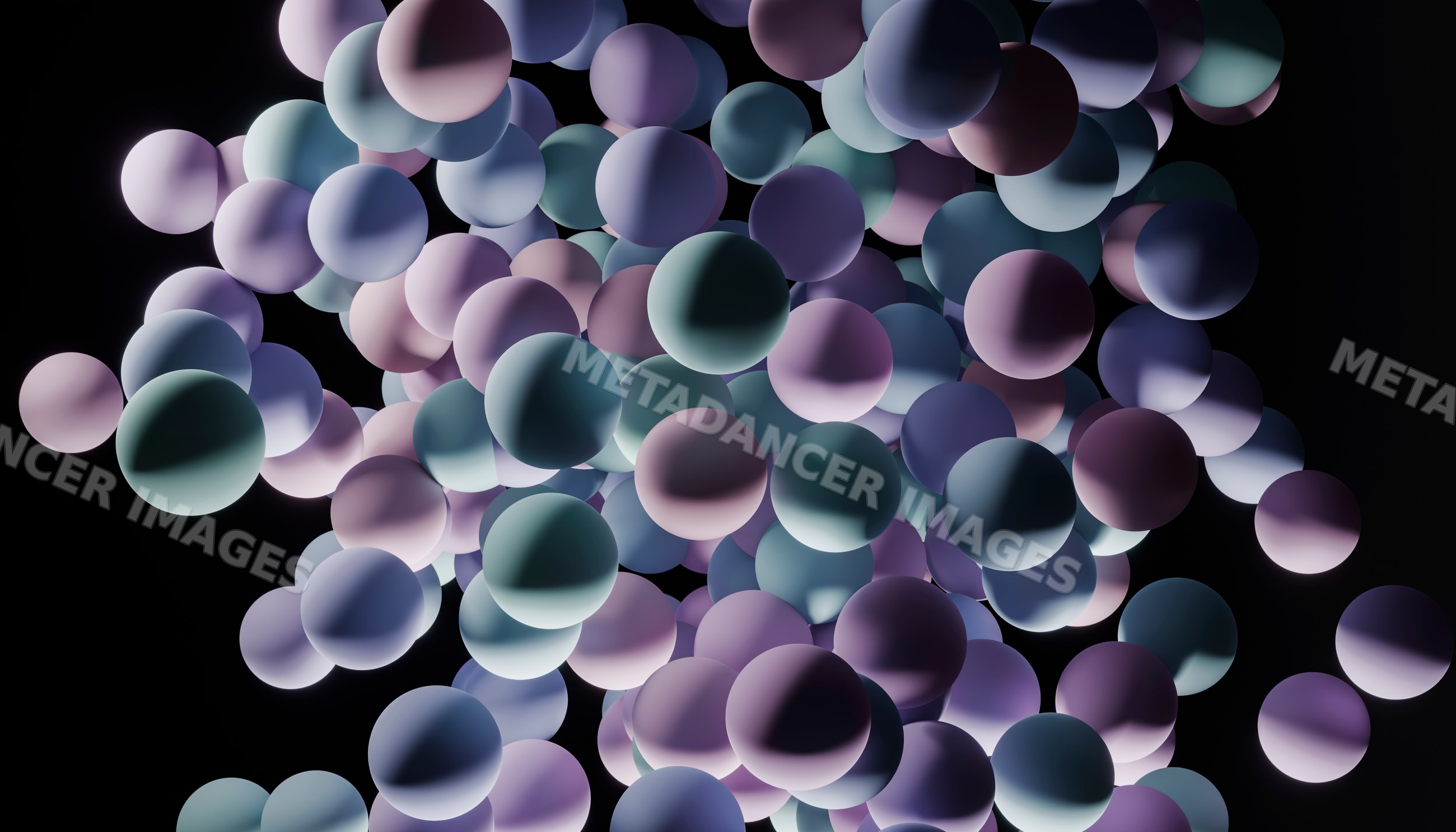 3d rendering of colorful floating spheres on a dark background