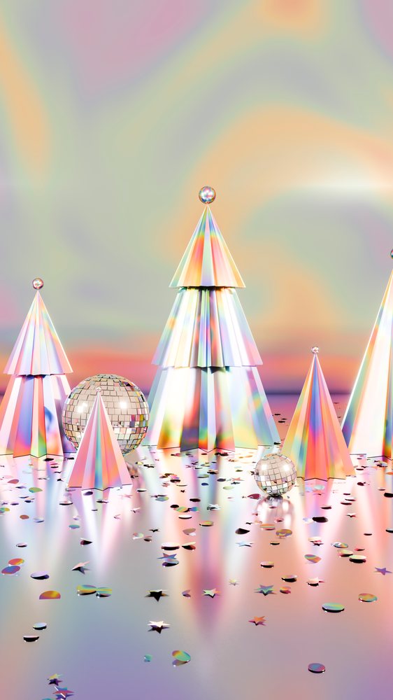 Abstract iridescent cones and disco balls with confetti decoration