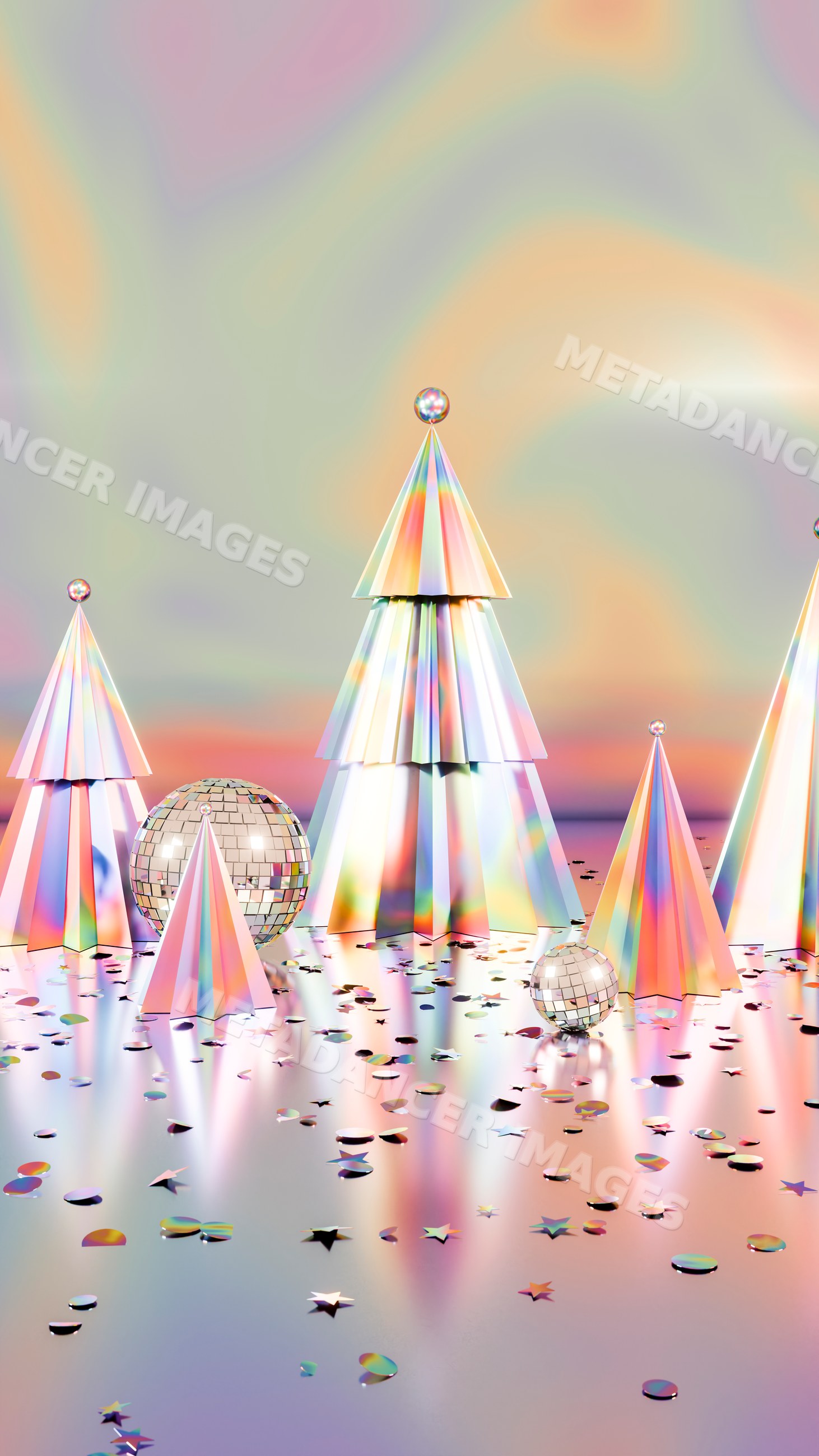 Abstract iridescent cones and disco balls with confetti decoration