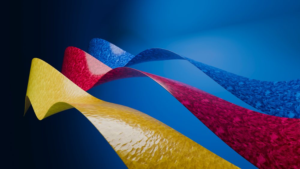 Colorful wavy ribbons abstract 3d illustration on blue background