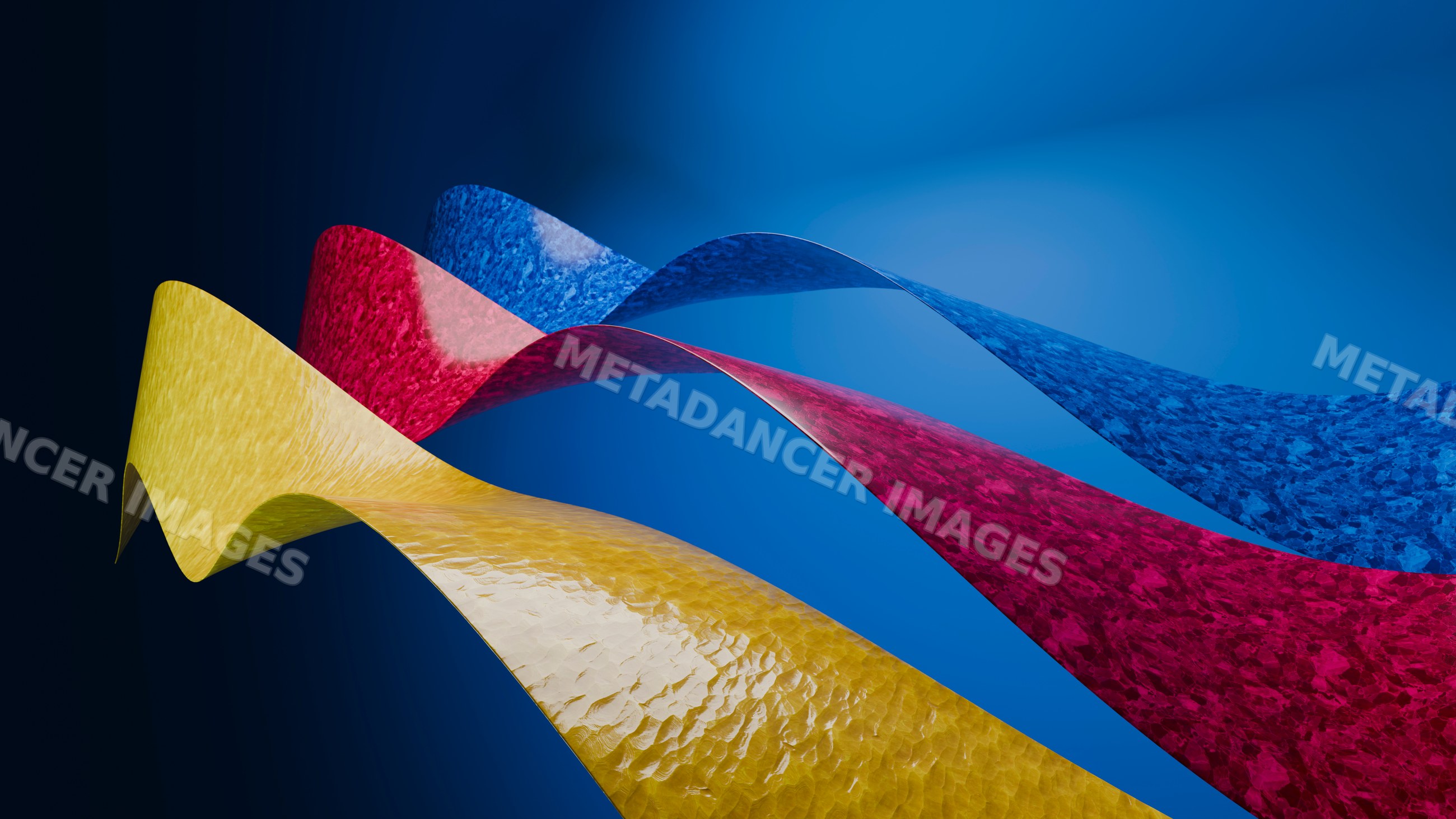 Colorful wavy ribbons abstract 3d illustration on blue background