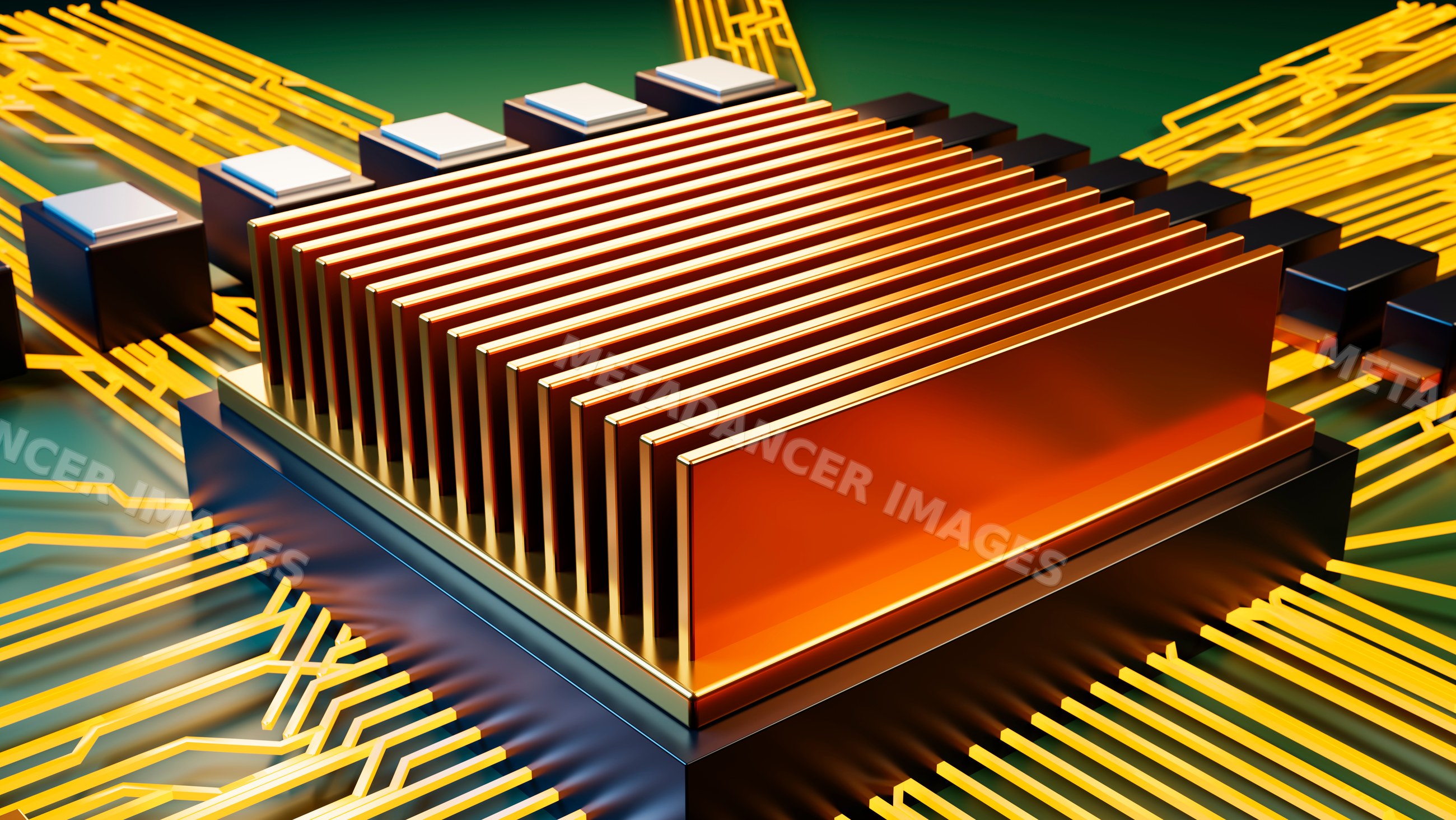 Computer chip with golden heat sink on circuit board