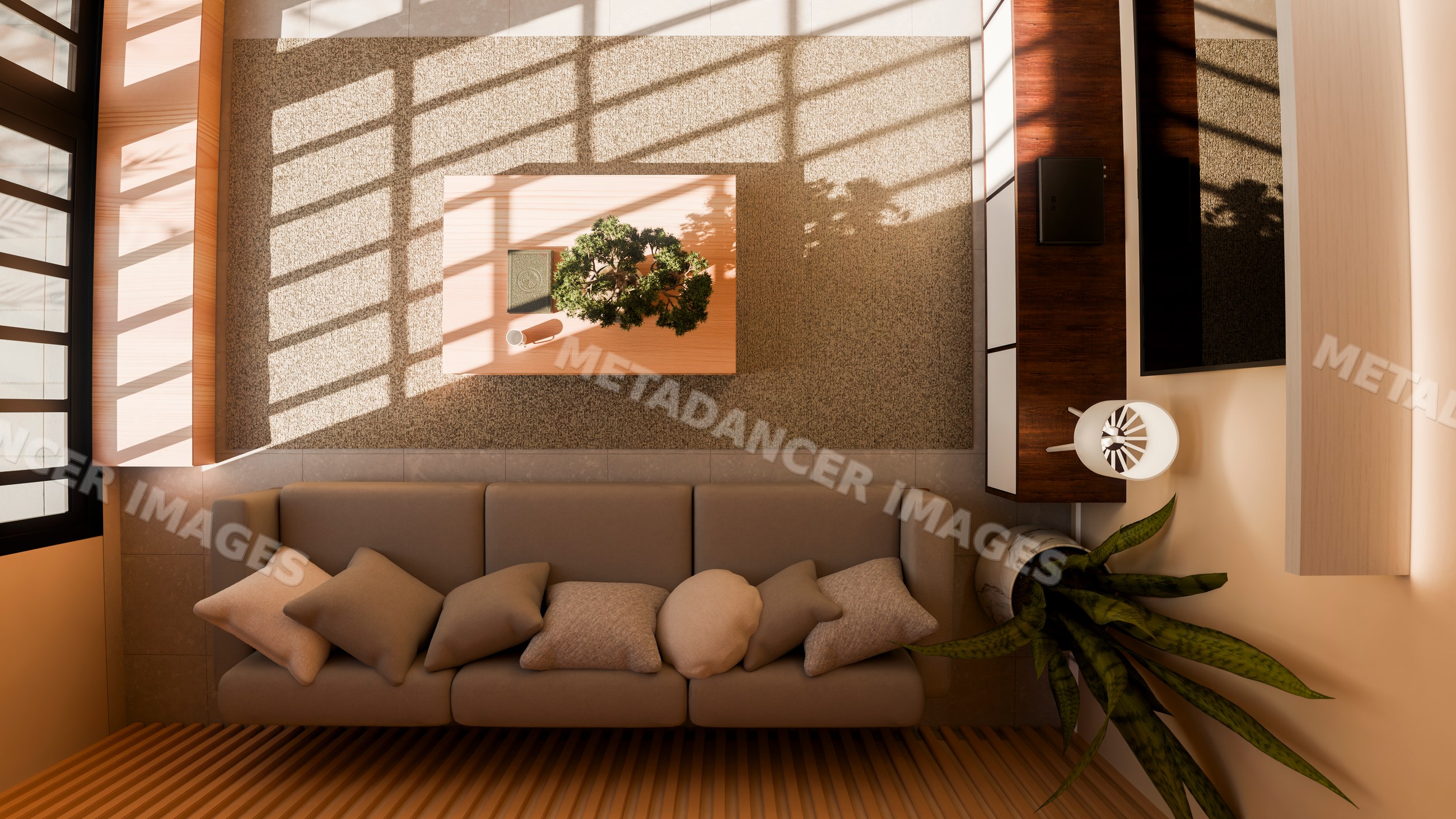 Modern living room with sofa, coffee table, and indoor plants