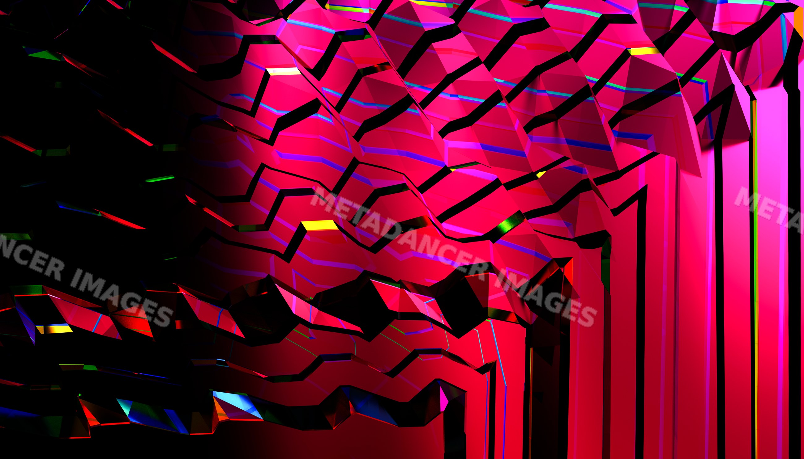 Abstract 3d geometric digital art with colorful reflective shapes