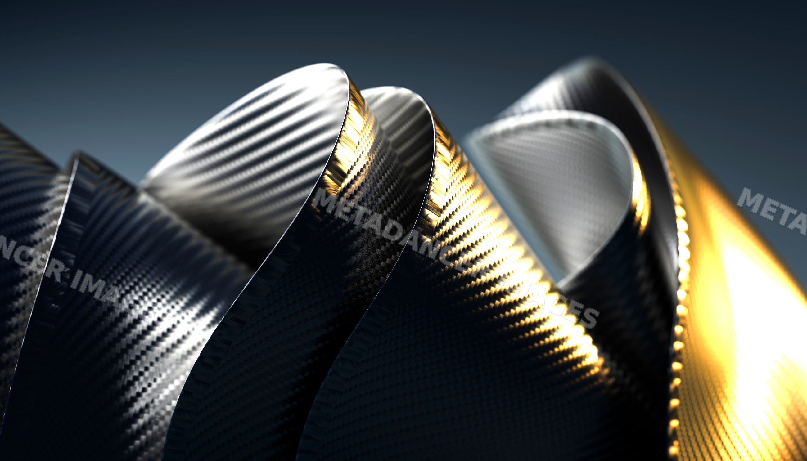 Close-up of twisted carbon fiber ribbons with Black and gold metallic