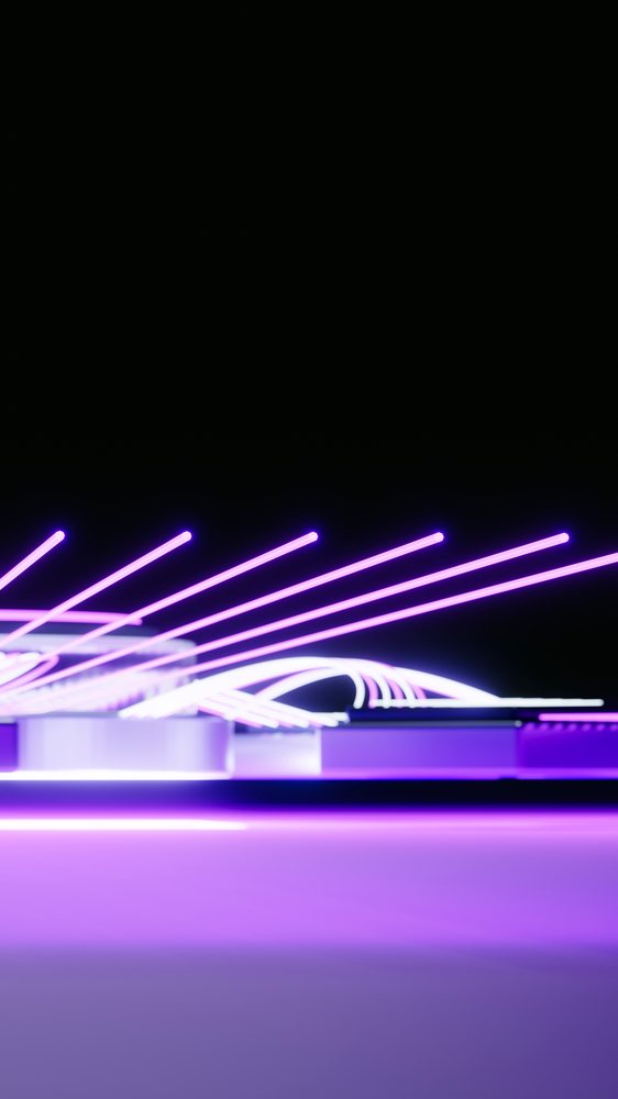 Purple neon light beams and arcs in abstract digital illustration