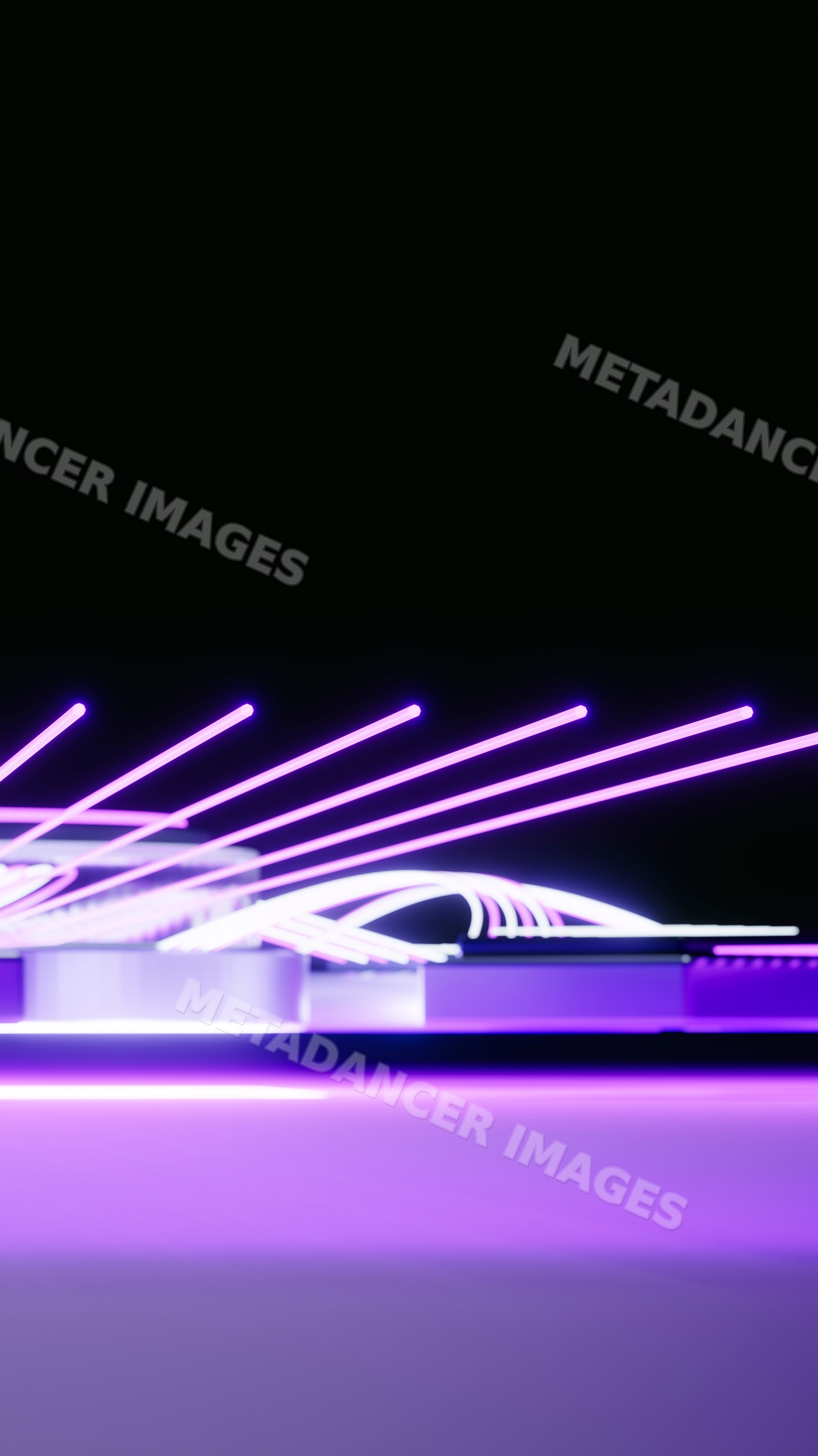 Purple neon light beams and arcs in abstract digital illustration