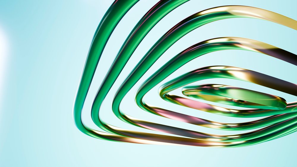 Abstract spiral of curved green and yellow metal tubes