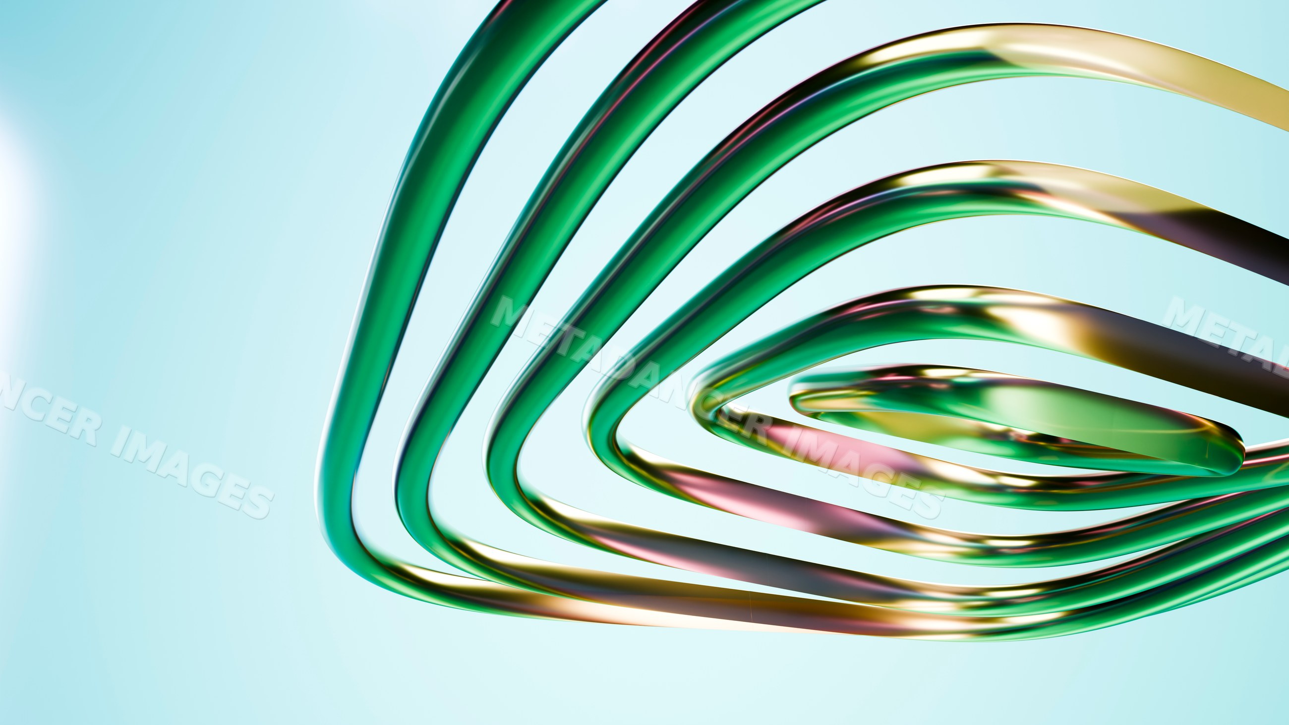 Abstract spiral of curved green and yellow metal tubes
