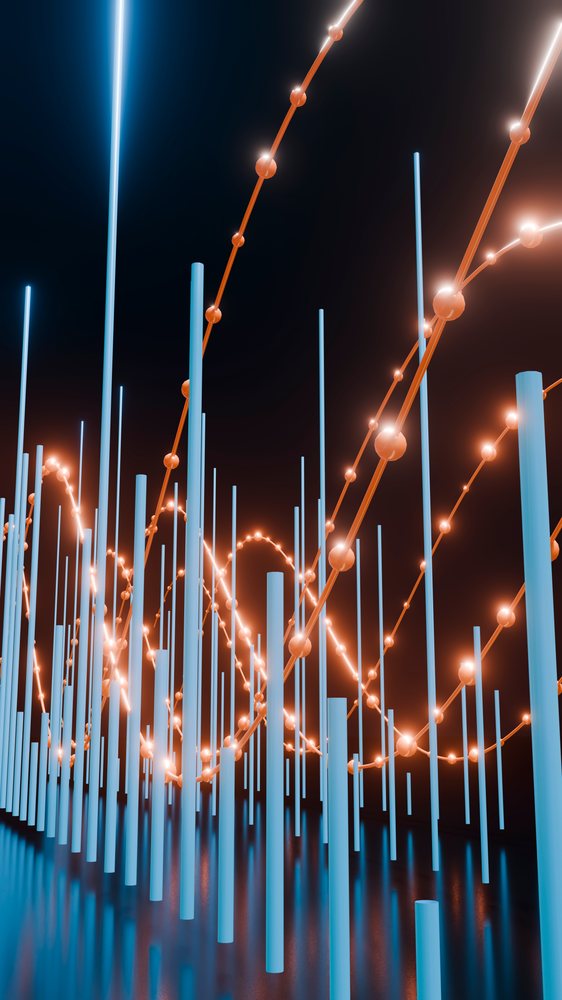 3d digital data visualization with glowing data points and bars