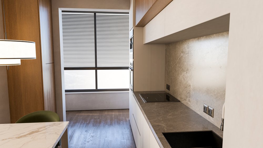 Modern kitchen with marble countertop and induction cooktop