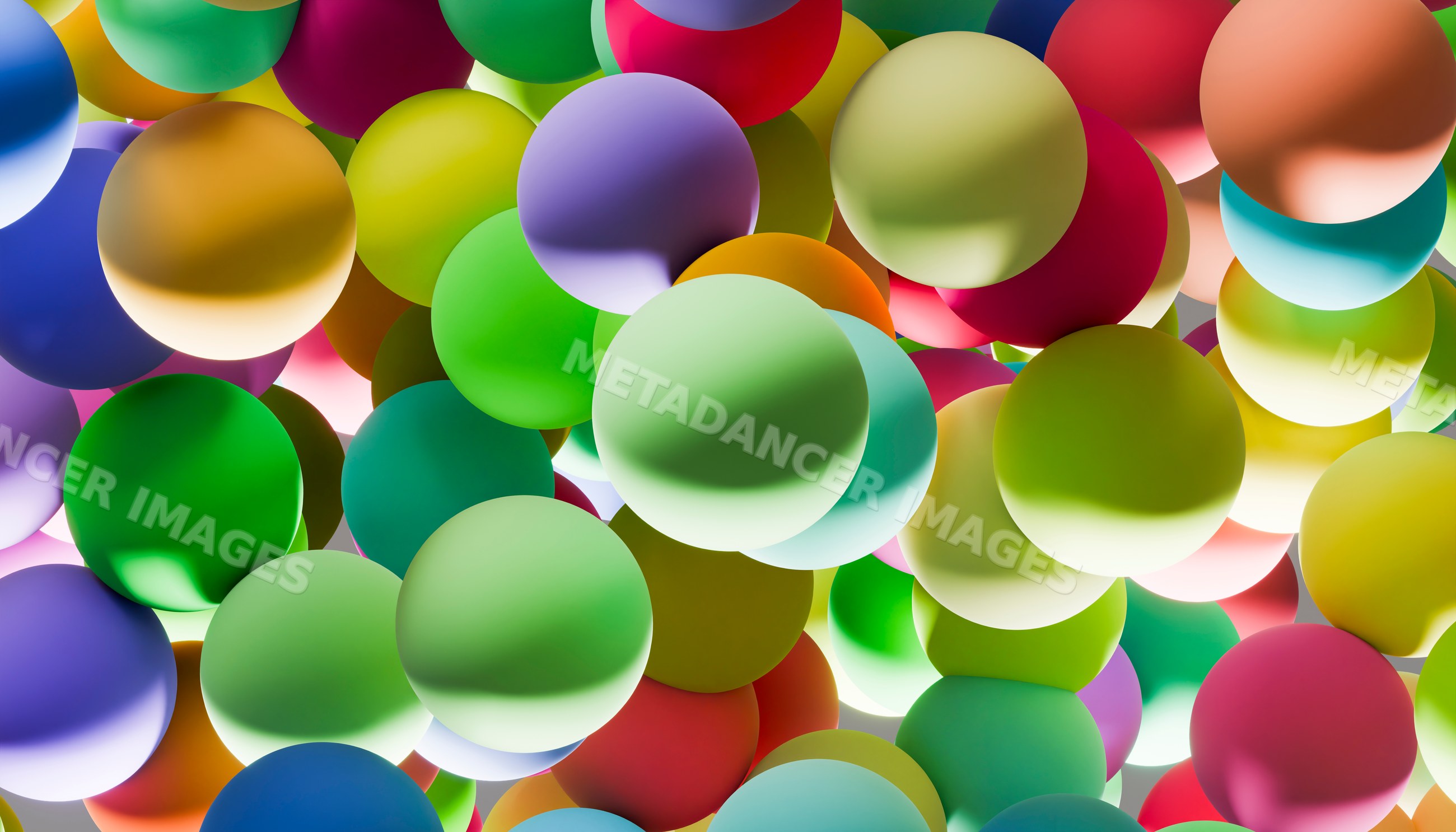 Colorful floating spheres create a vibrant abstract pattern