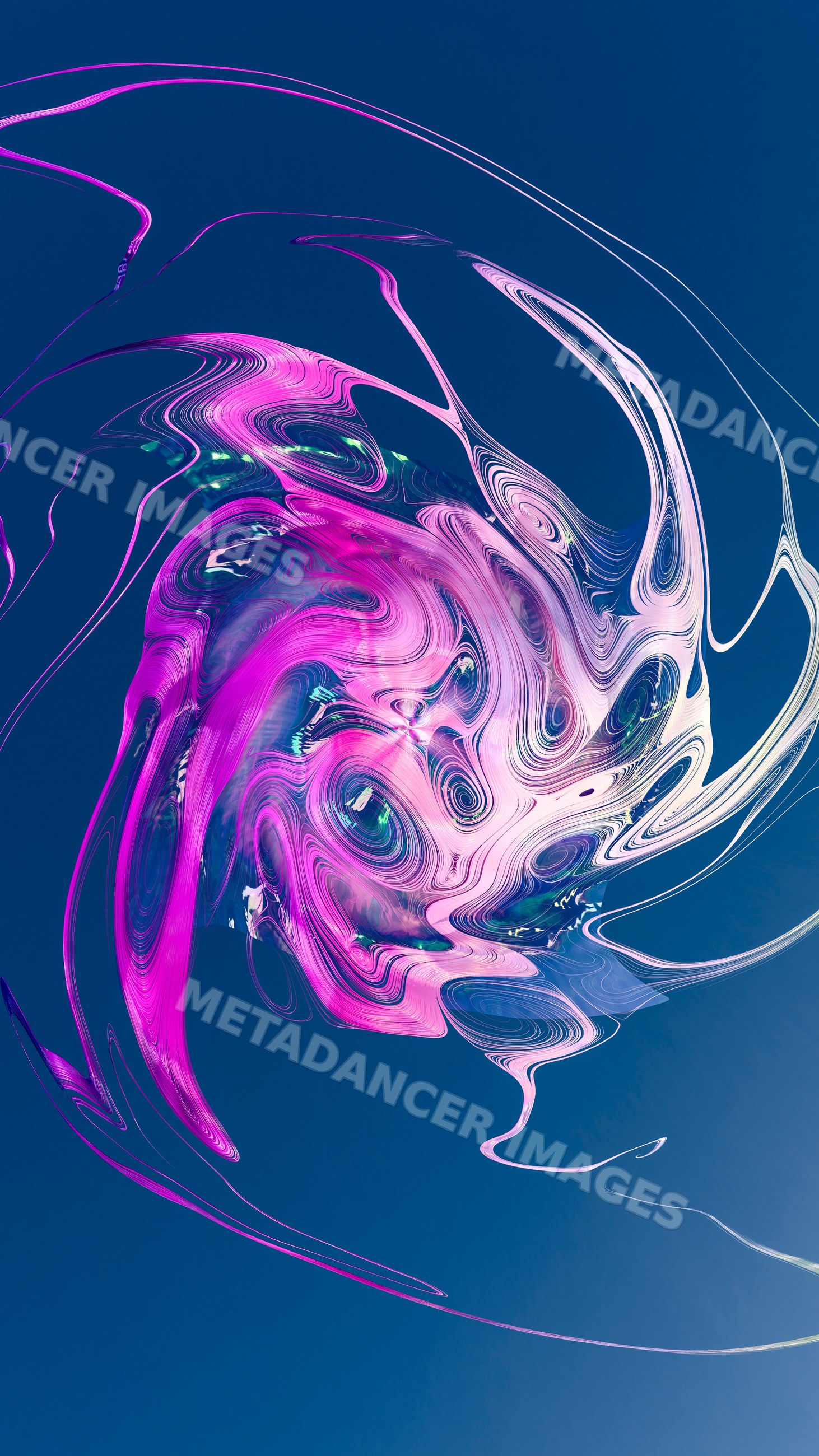 Abstract digital swirl with vibrant pink and blue fluid lines