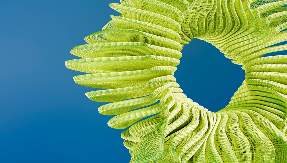 Green abstract 3d digital sculpture with twisted spiral patterns