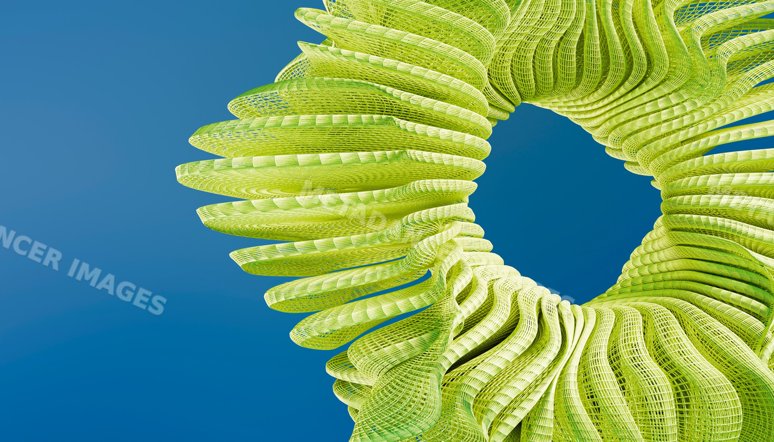 Green abstract 3d digital sculpture with twisted spiral patterns