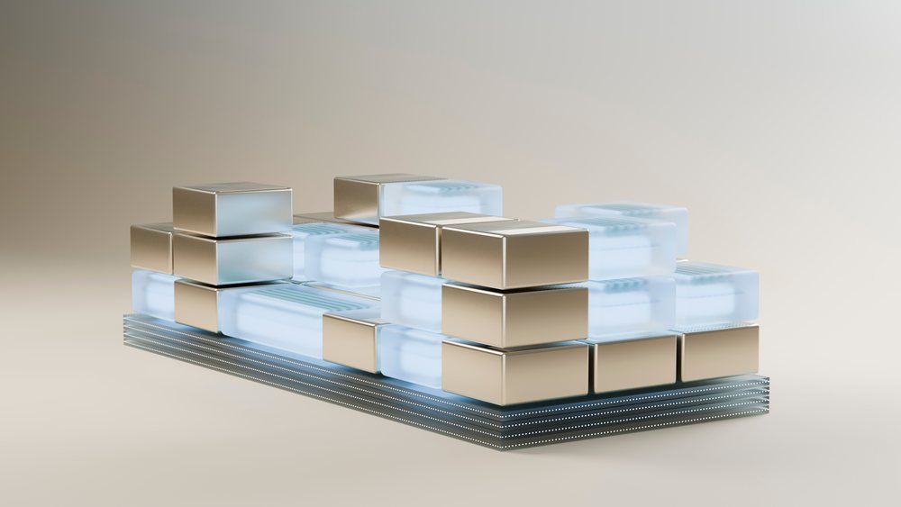 Stacked metallic and frosted blue boxes in modern minimalist design