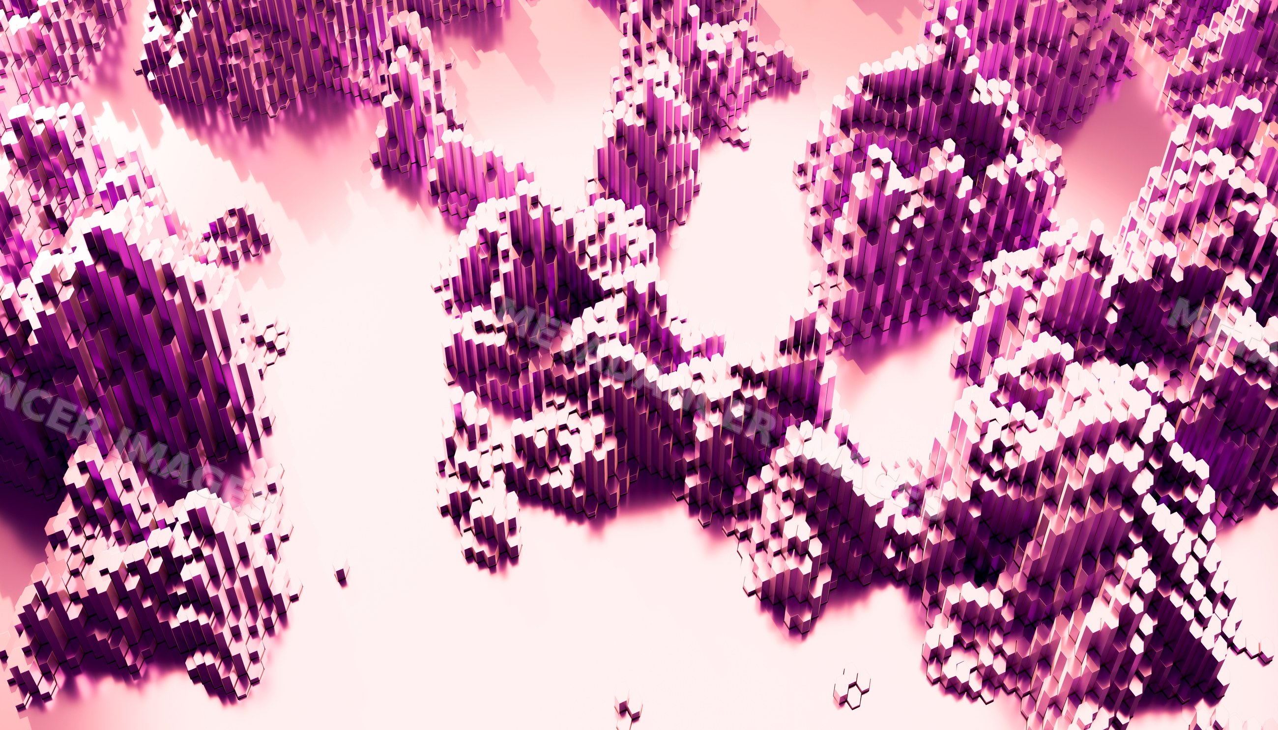 Abstract clusters of 3d purple hexagons forming a geometric pattern