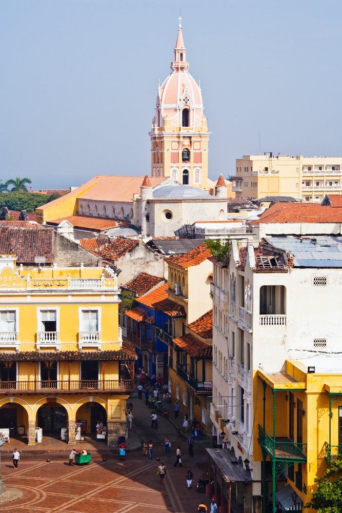 Historic plaza with colonial architecture and bell tower, colombia