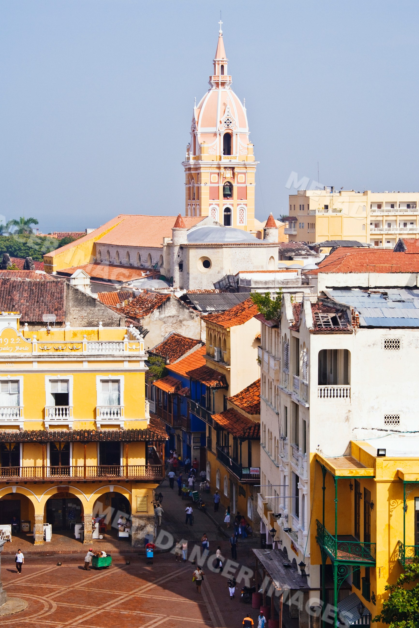 Historic plaza with colonial architecture and bell tower, colombia