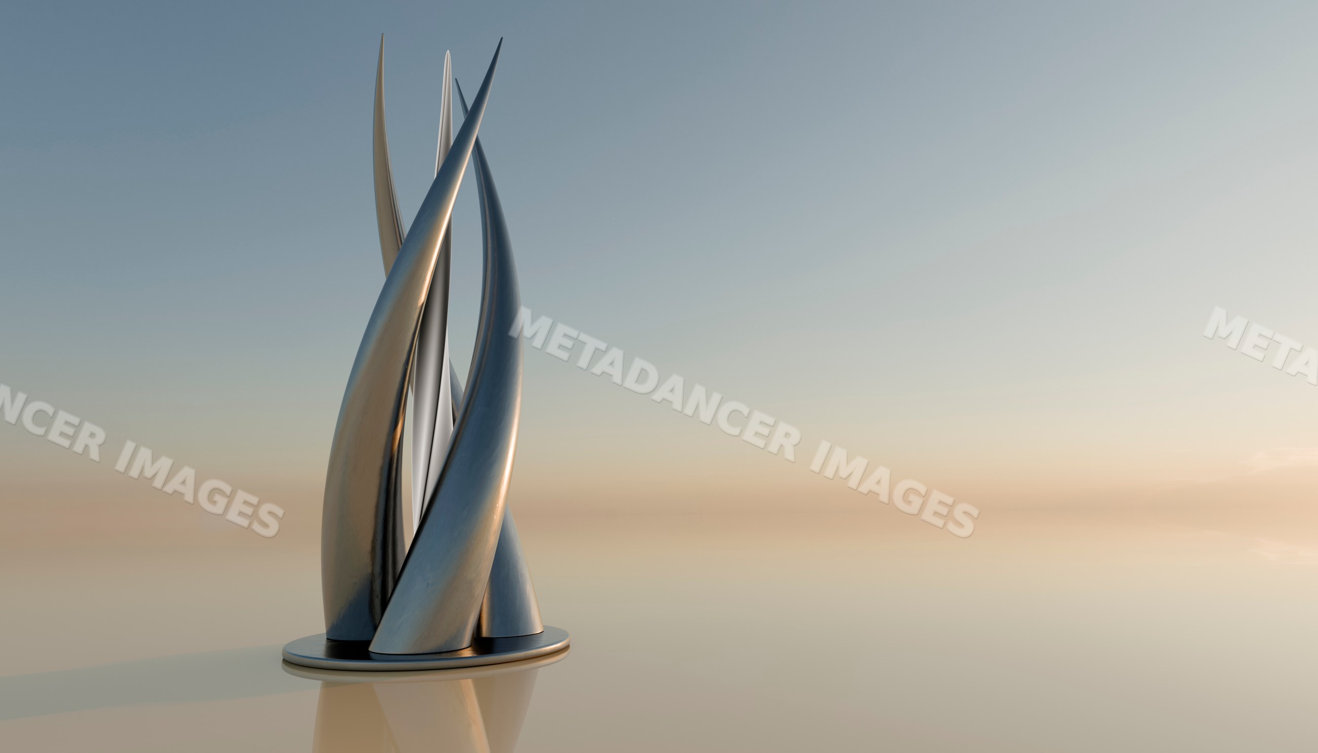 A modern twisting metal sculpture stands in a reflective open space