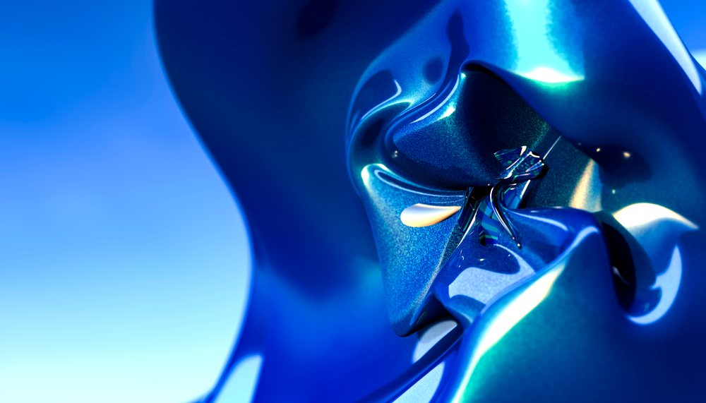 Abstract blue metallic sculpture with reflective fluid shapes