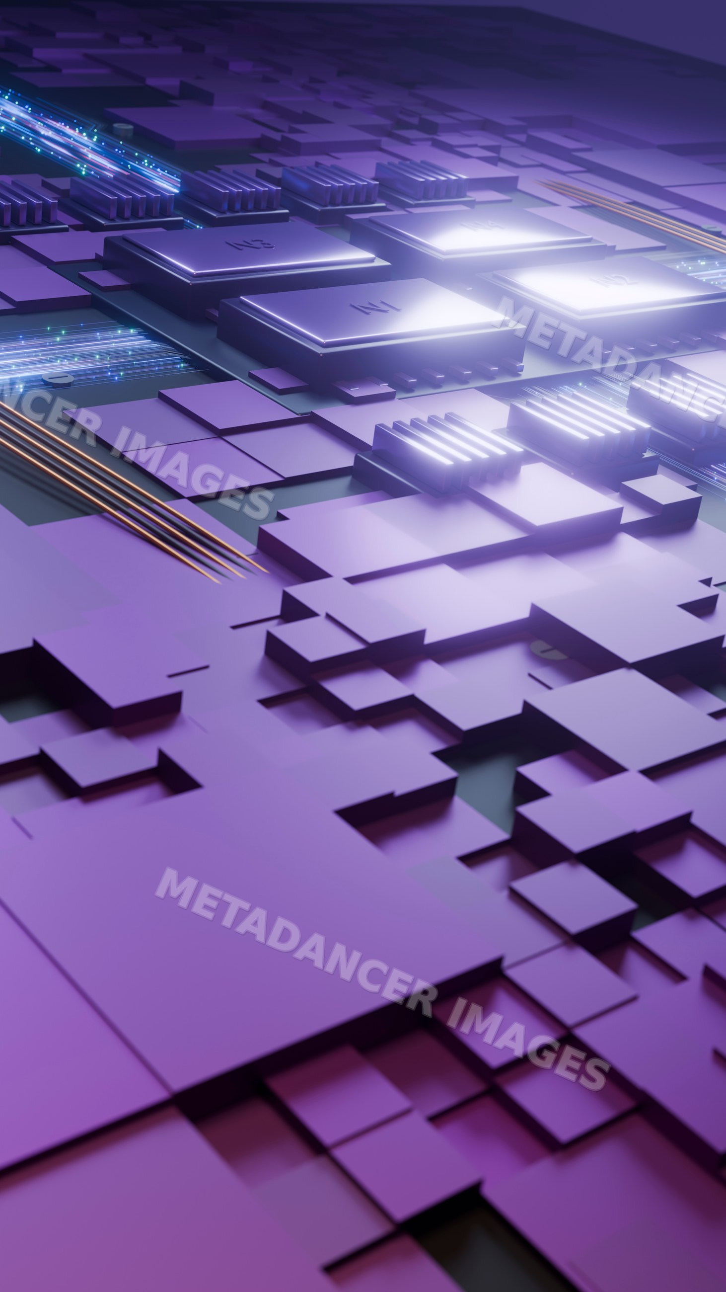 Purple circuit board with microchips and electronic components