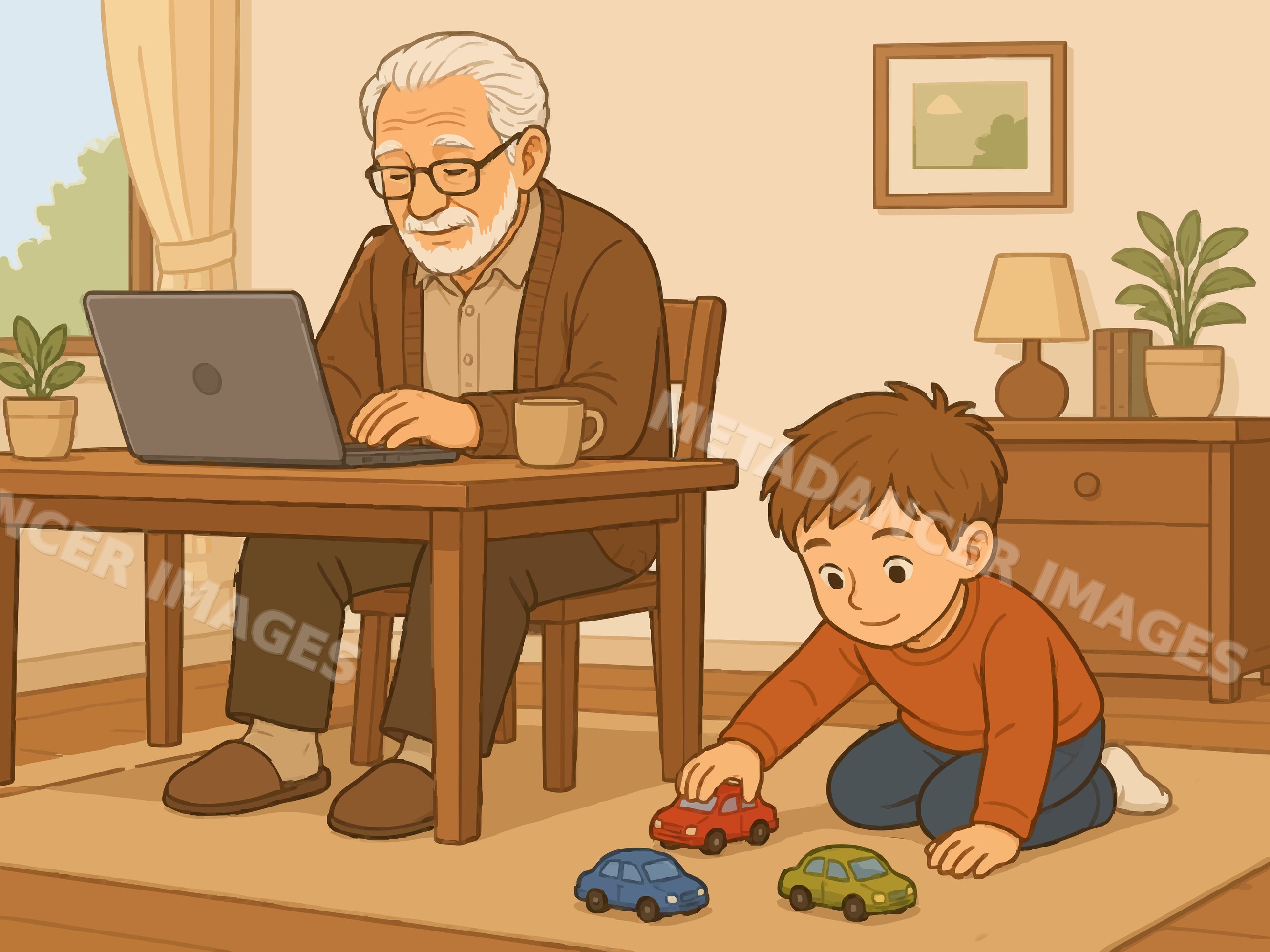 Grandfather using laptop while grandson plays with toy cars at home