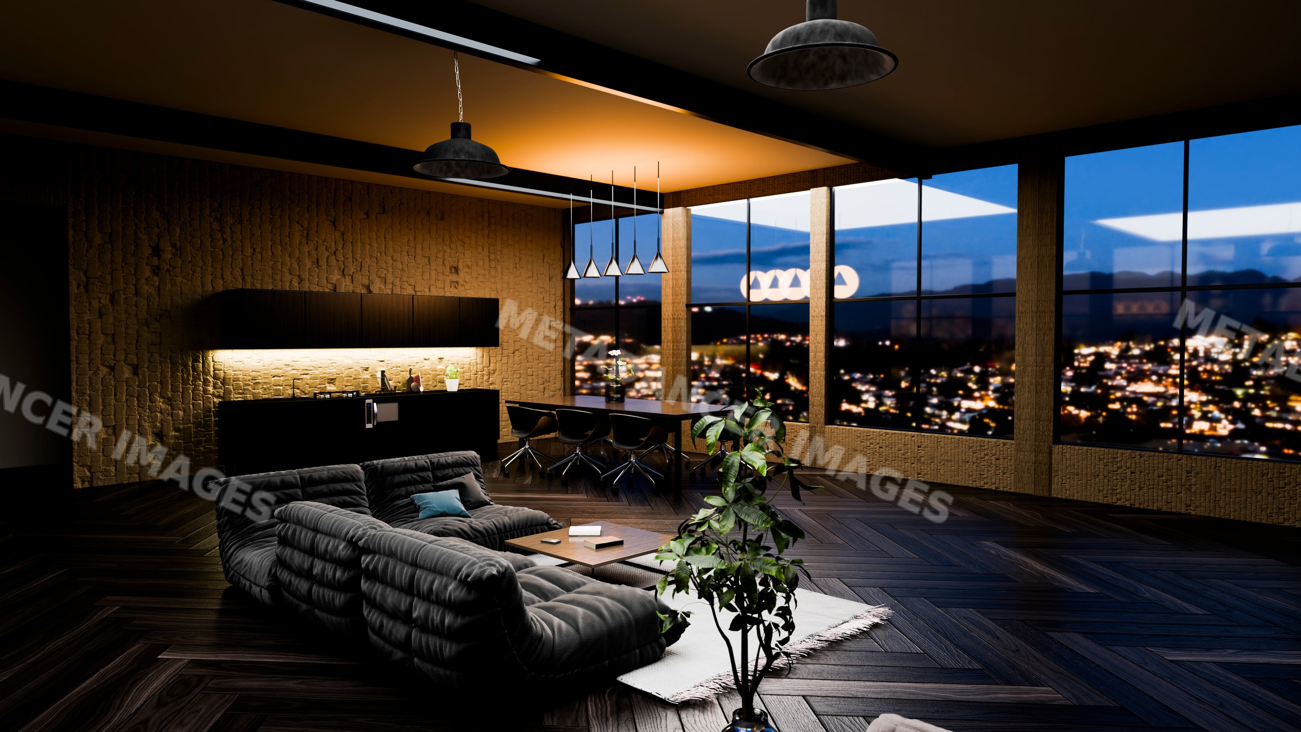 Modern living room with cityscape night view through large windows