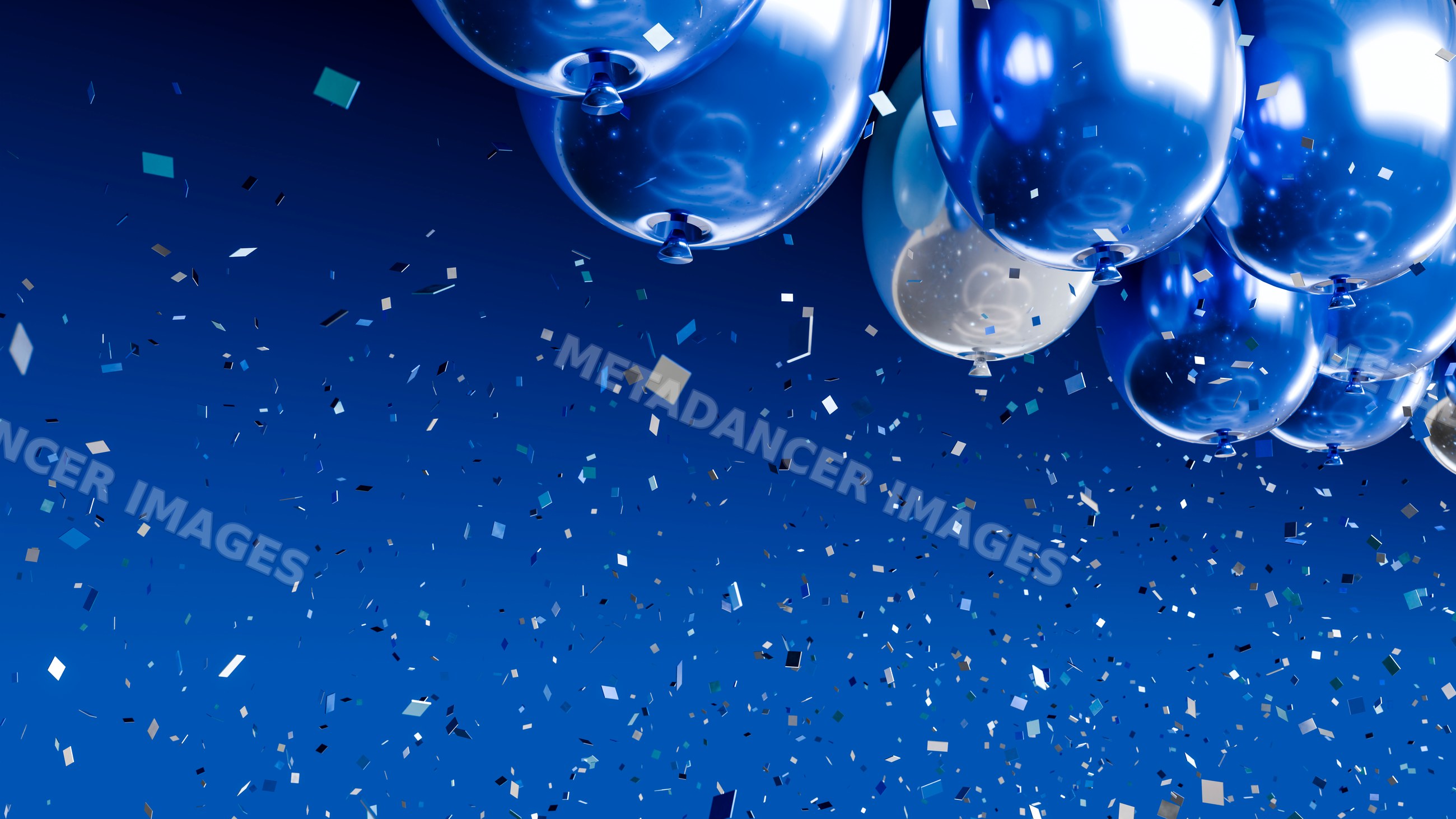 Blue and silver balloons with confetti for festive celebration