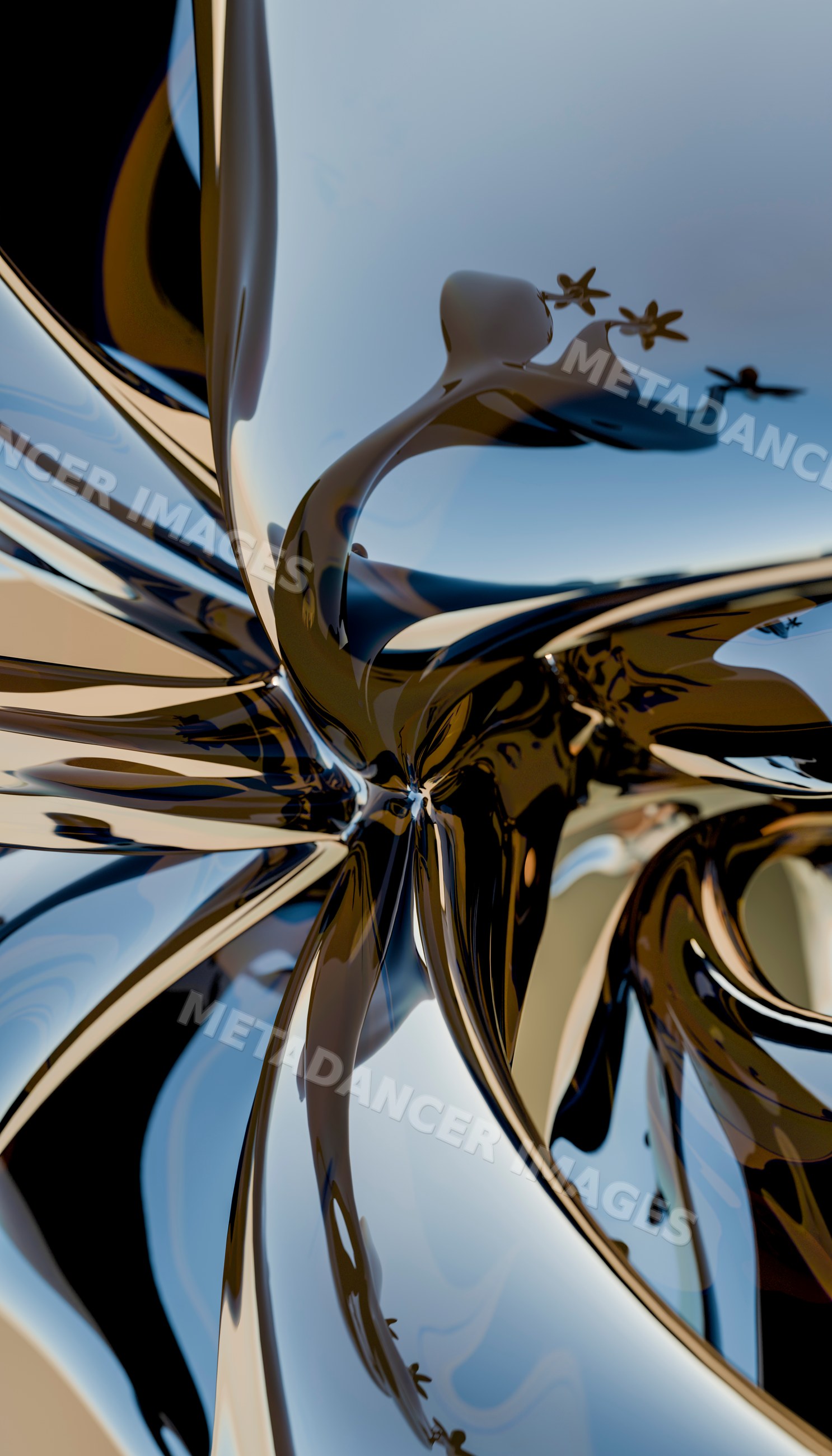 Close-up of shiny abstract sculpture with flowing metallic curves