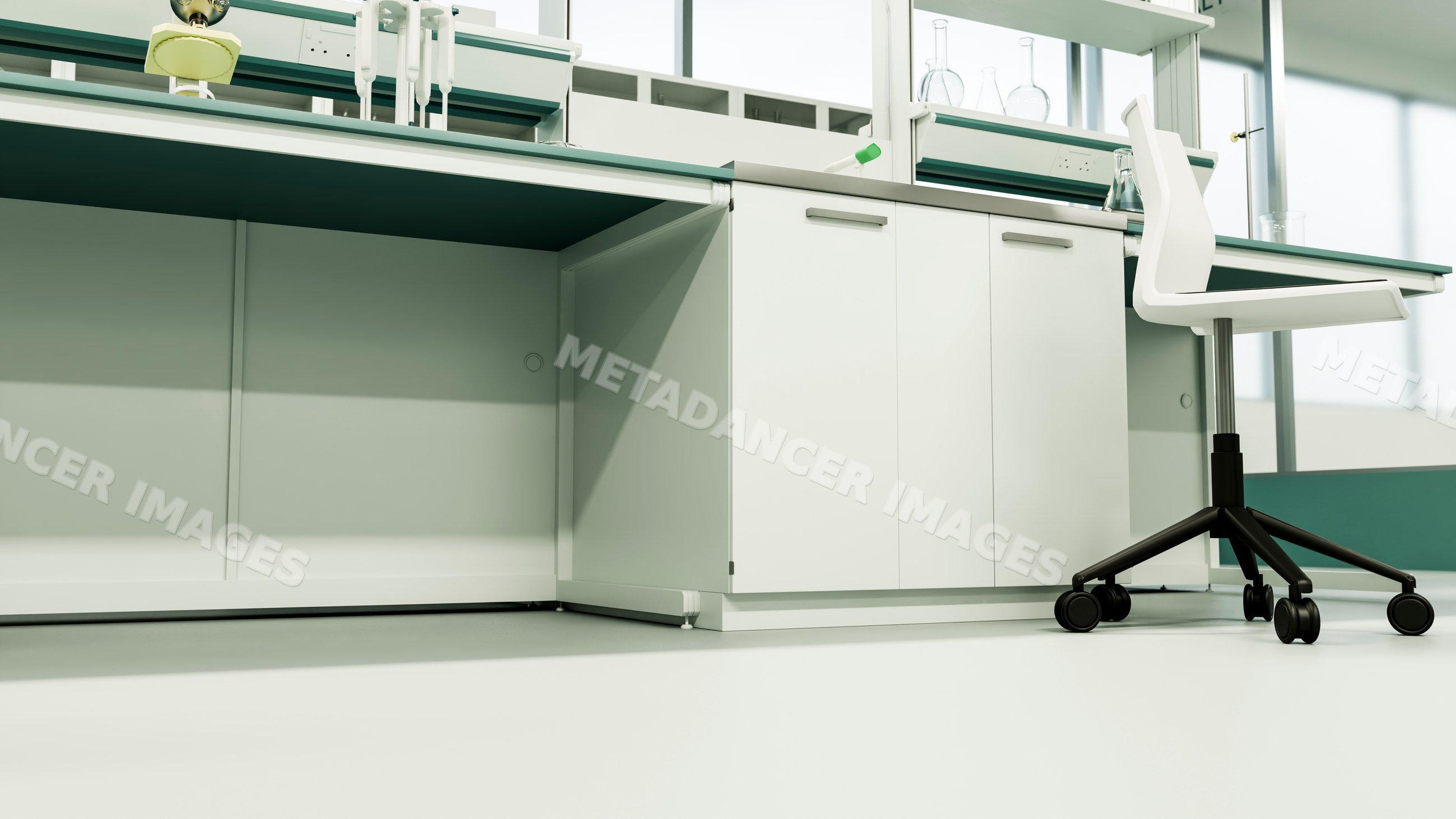 Laboratory desk with white chair and scientific glassware