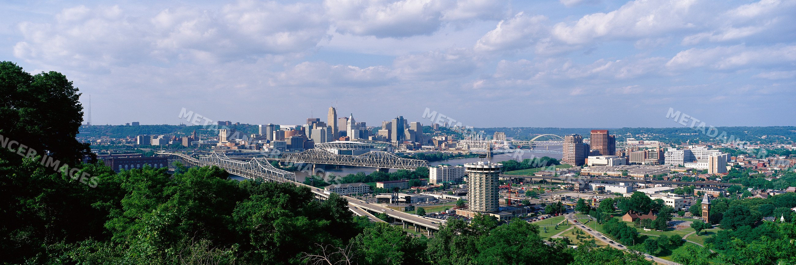 City skyline with river and bridges under partly cloudy sky