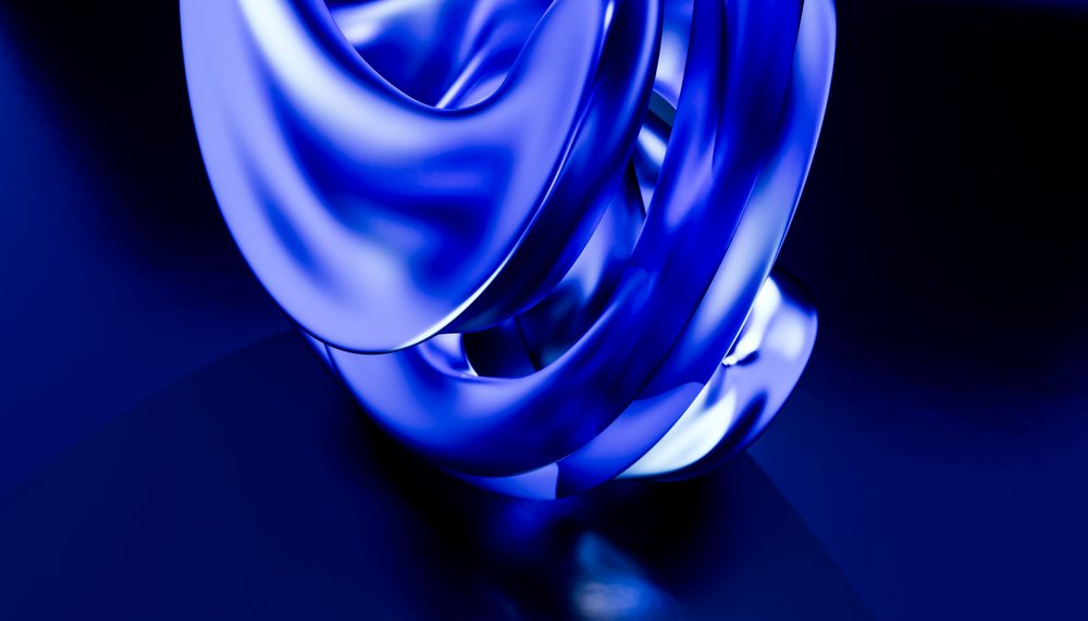 Blue abstract twisted sculpture with smooth reflective curves
