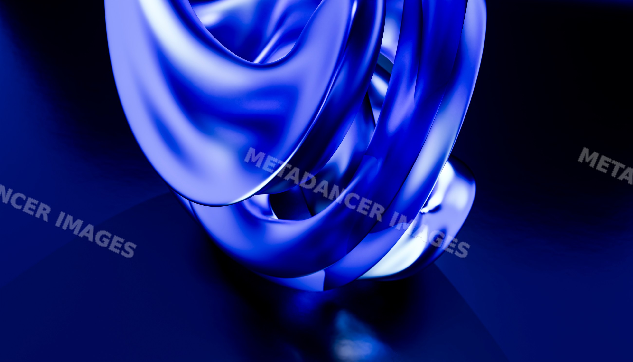 Blue abstract twisted sculpture with smooth reflective curves
