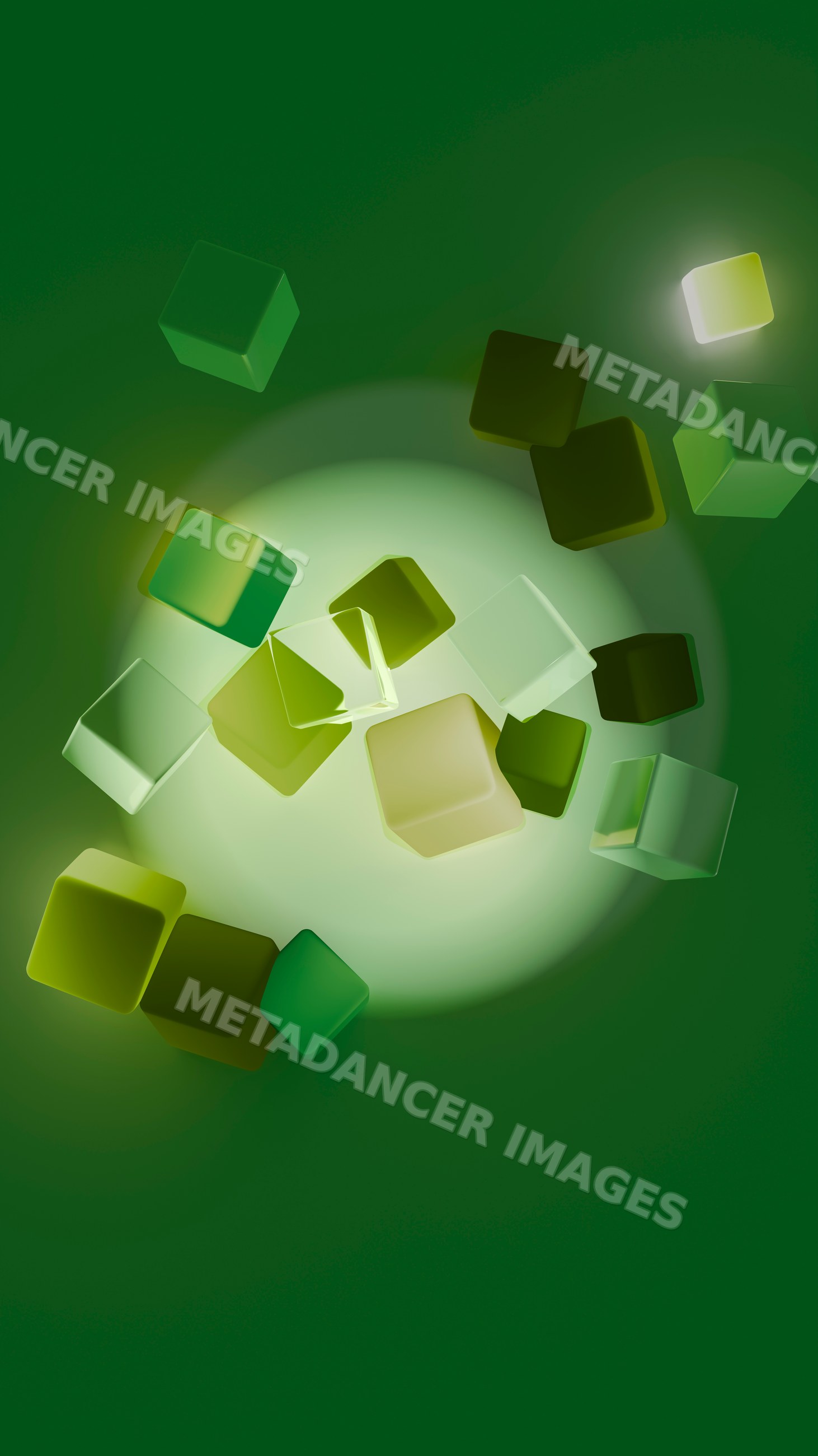 Glowing green and transparent floating cubes digital illustration