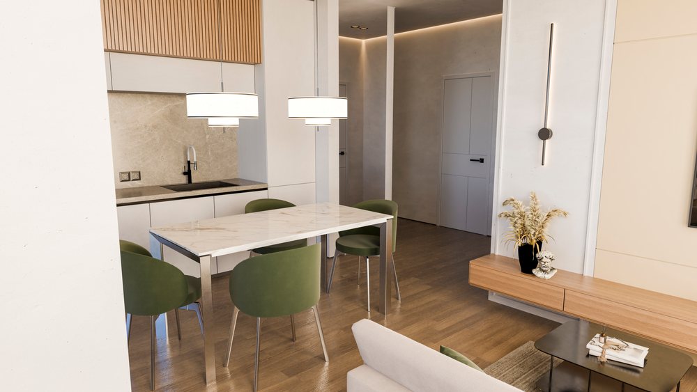 Modern kitchen dining area with marble table and green chairs