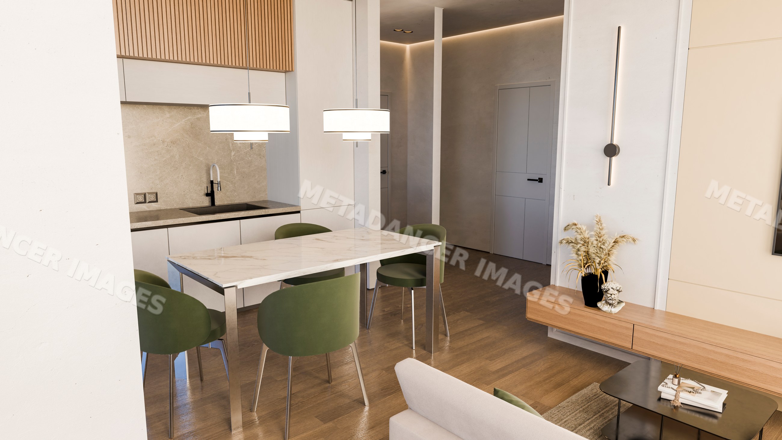 Modern kitchen dining area with marble table and green chairs