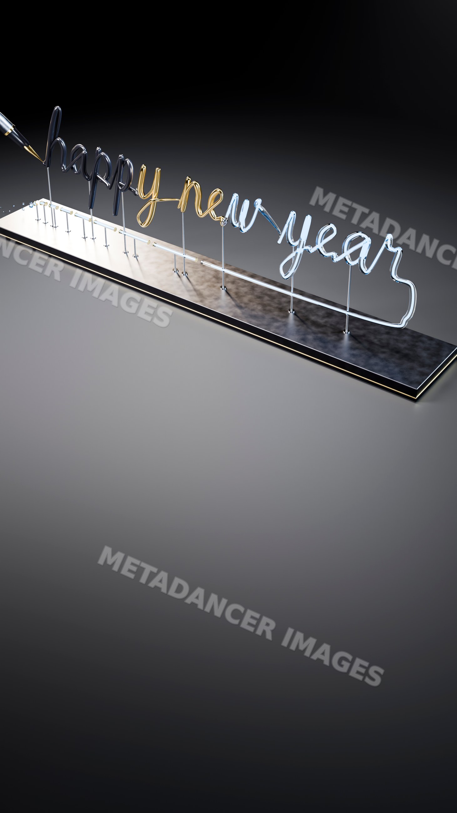 Neon happy new year sign with gold and silver lettering