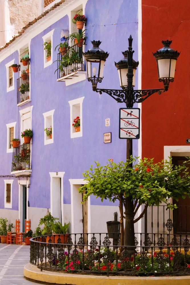 Street lamp and flowering plants by blue and red buildings Spain