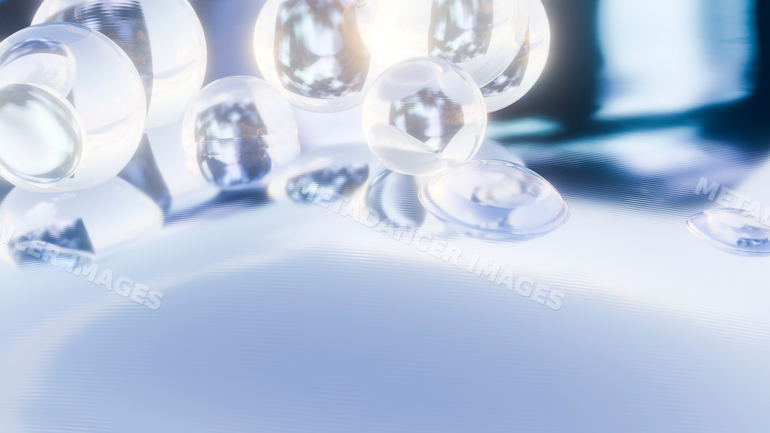 Transparent bubbles on water surface reflecting light
