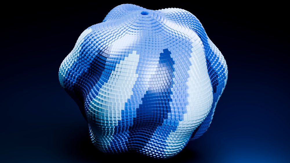 Abstract blue 3d digital sculpture with pixelated geometric shapes